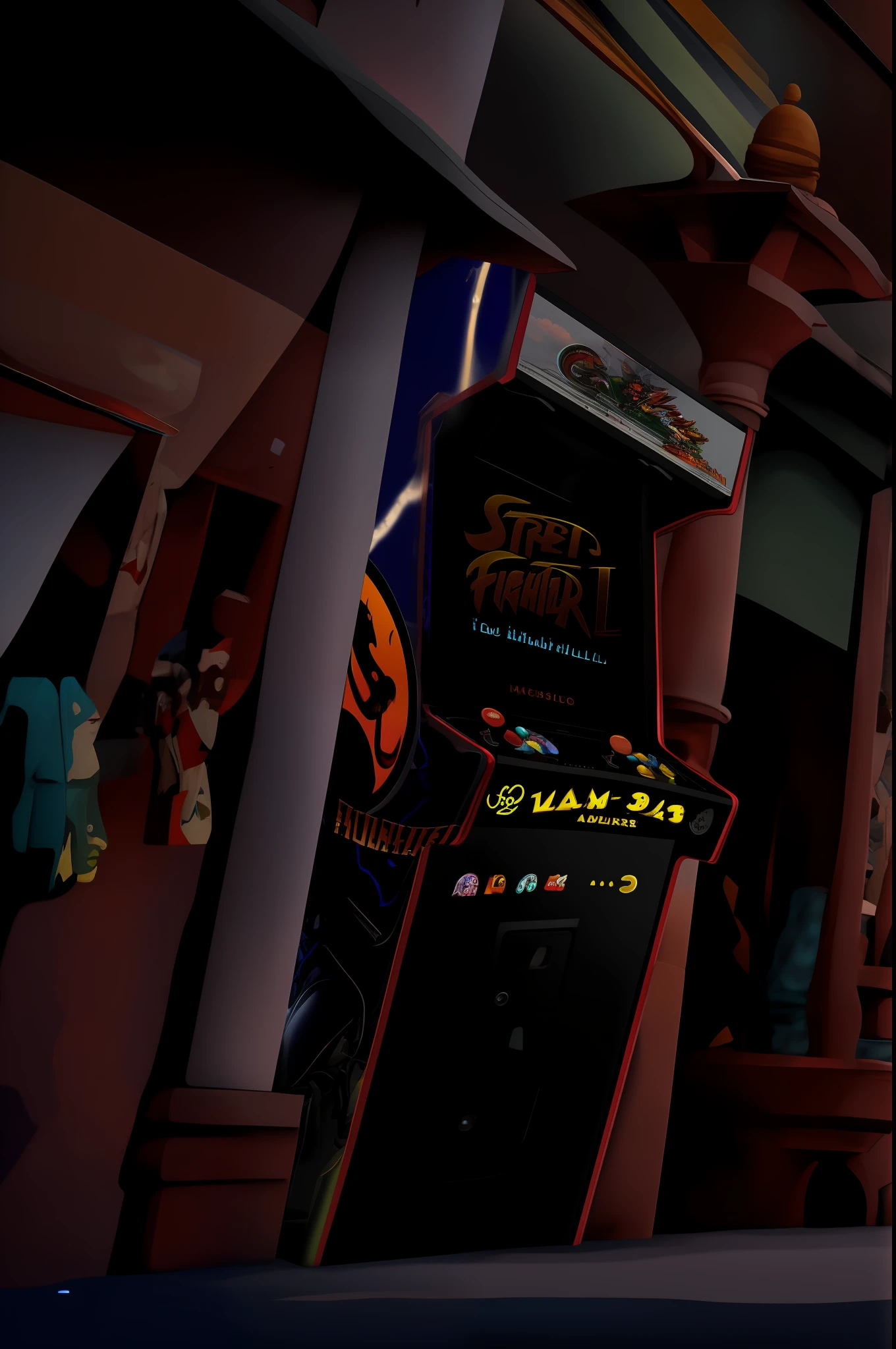 there is a video game machine in front of a building, arcade cabinet in background, arcade machines, arcade machine, arcade cabinet, arcade game, 1990s arcade machine, 3 d videogame render, 1980s arcade, arcade, de virtua figther, videogame 3d render, a busy arcade, 80s outdoor retro arcade, Capcom --auto