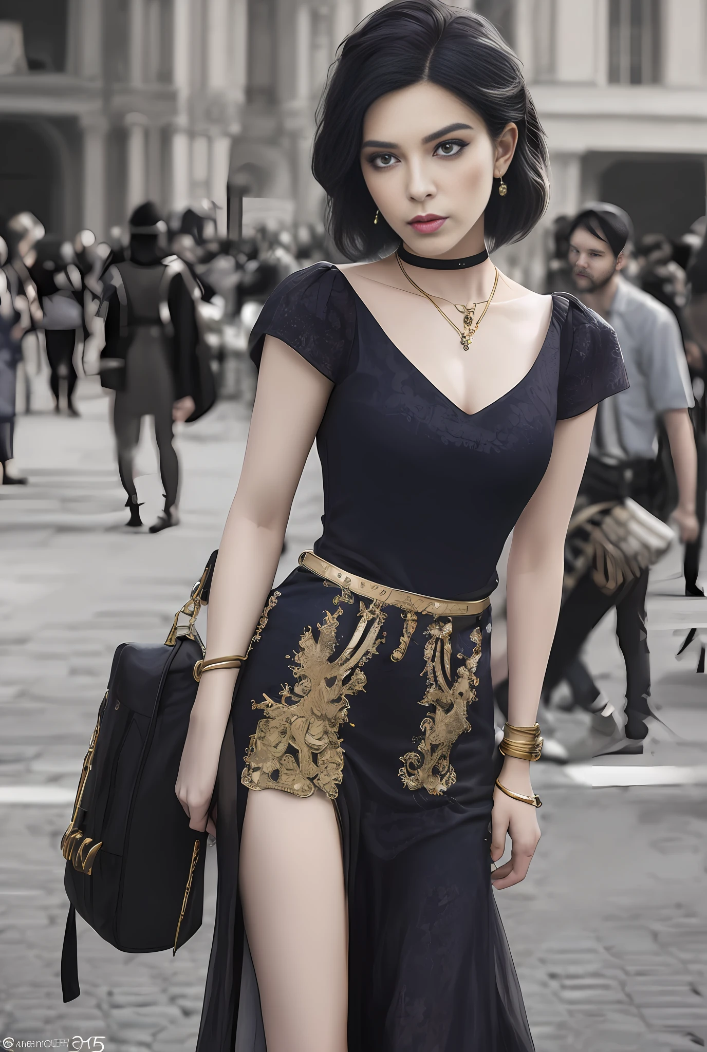 An ultra-realistic ultra-detailed photo,A woman as a dancer in the 2000s. (on the St. Peter's Square of Vatican,crowd of),gypsy dress,Dancing, intricate complexity,Dark blue dress, Gold, gypsy person, banquet, crowd of, picking up skirt,Pale skin, [Slight smile],blue light particles,Short shorts,detailed symmetric beautiful hazel eyes, Detailed gorgeous face, Peaky Blinders environemt, polaroid style vintage photograph, CGsociety trend, bauhause, bulgari,official valentino editorial, Sunlight, medium symmetry, neoprene, behance contest winner, portrait featured on unsplash, Stylized digital art, Smooth, ultra high def, 8K, Unreal Engine 5, hyper sharp focus, award winning photo of, Canon EOS 5D Mark IV DSLR, f/8, ISO 100, 1/250 sec, TanvirTamim, trending on artstationh, author：Art germ, h. r. giger and beksinski, highly-detailing, vibrant