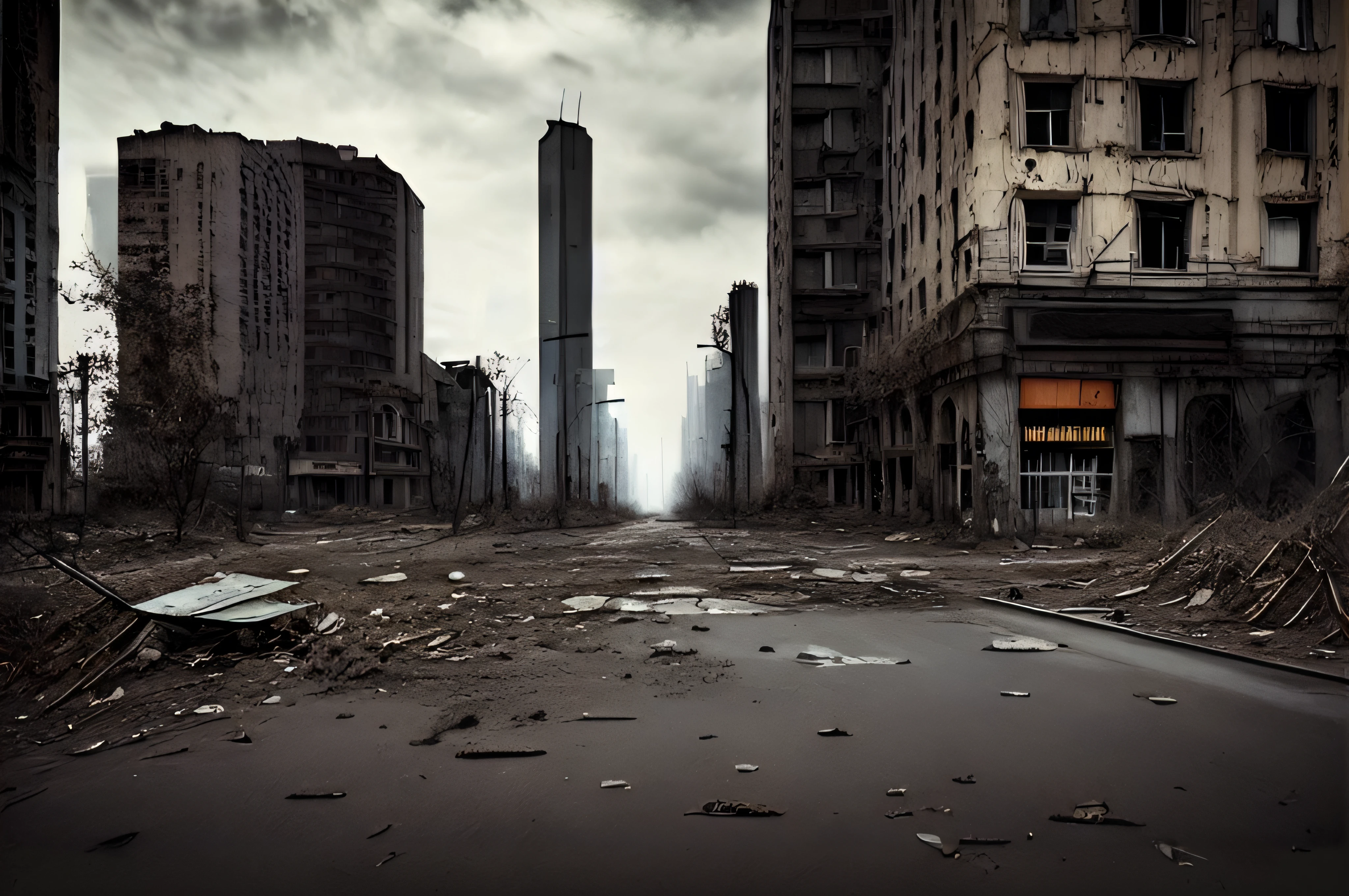 arafed city street with a lot of debris and debris on the ground, post - apocalyptic city streets, in a post apocalyptic city, Ruas escuras e abandonadas da cidade, An abandoned dystopian city, post - apocalyptic city, bleak apocalyptic environment, apocalyptic city, em uma paisagem urbana arruinada, destroyed city in the background, post apocalyptic street, in postapocalypse city, post-apocalyptic city