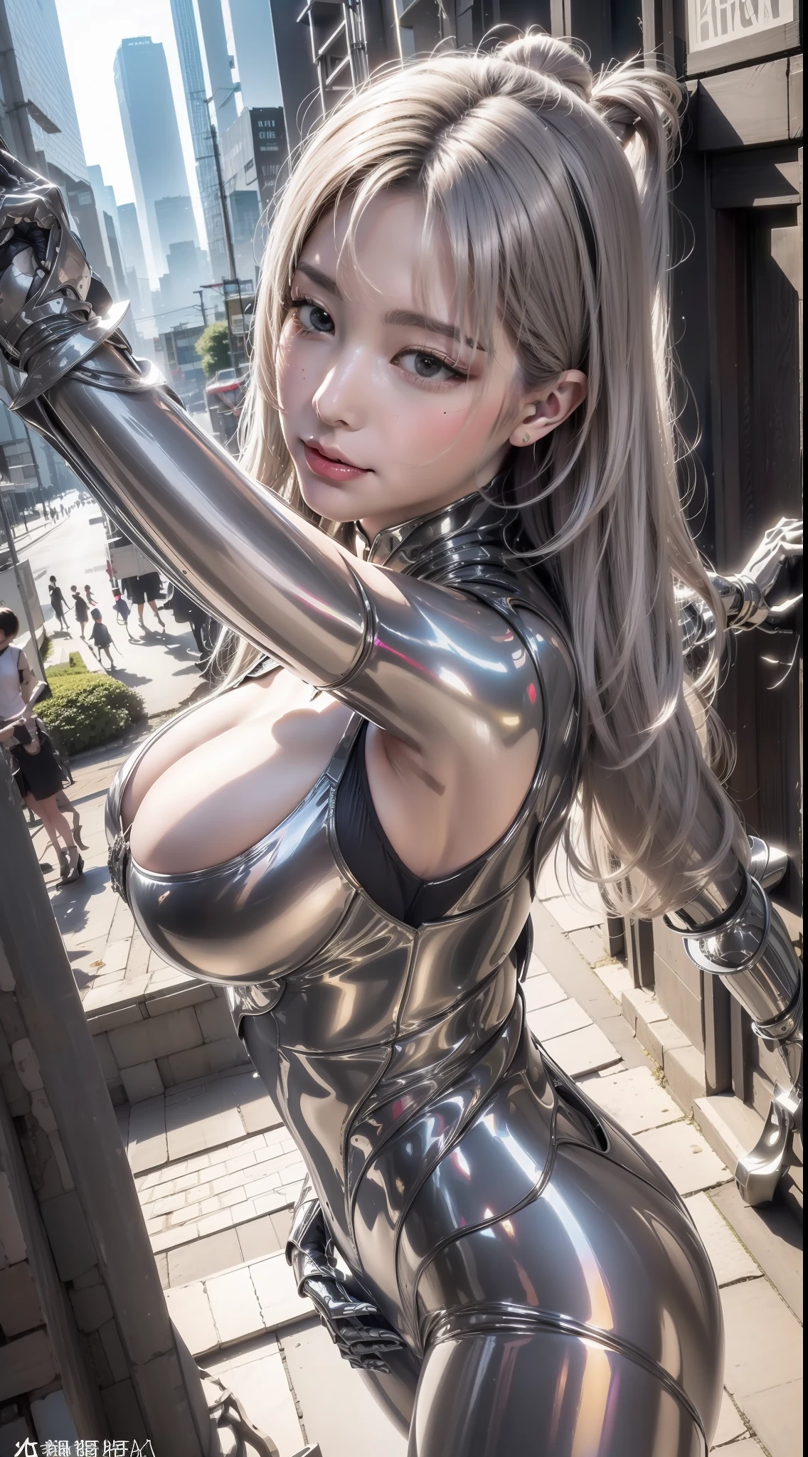 (masterpaintings、need、Ultra-delicate、high resolucion),(((She has long silver hair,A meticulous face,Nice face,The face of a human woman:1.6))),(((Female giant))),(The body is made of silver,The arms present a streamlined design,Looks tall and thin,The overall shape is streamlined and modern),(standing pose),pose for photos,high-angle,nigth,city ruins,background detail,(((body complet))),From above,独奏,(((solo dance))),(((Huge feeling)))