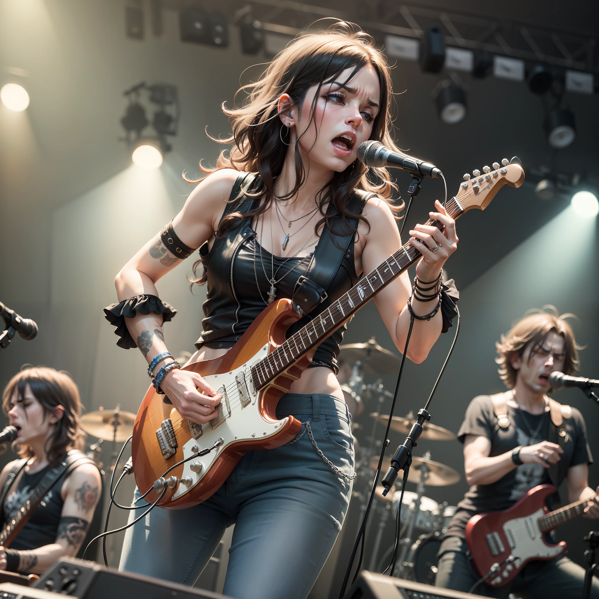 "Describe a photographic scene that captures a rock band in action, with members playing their instruments with intensity and passion, conveying the raw energy and emotion of rock and roll live."