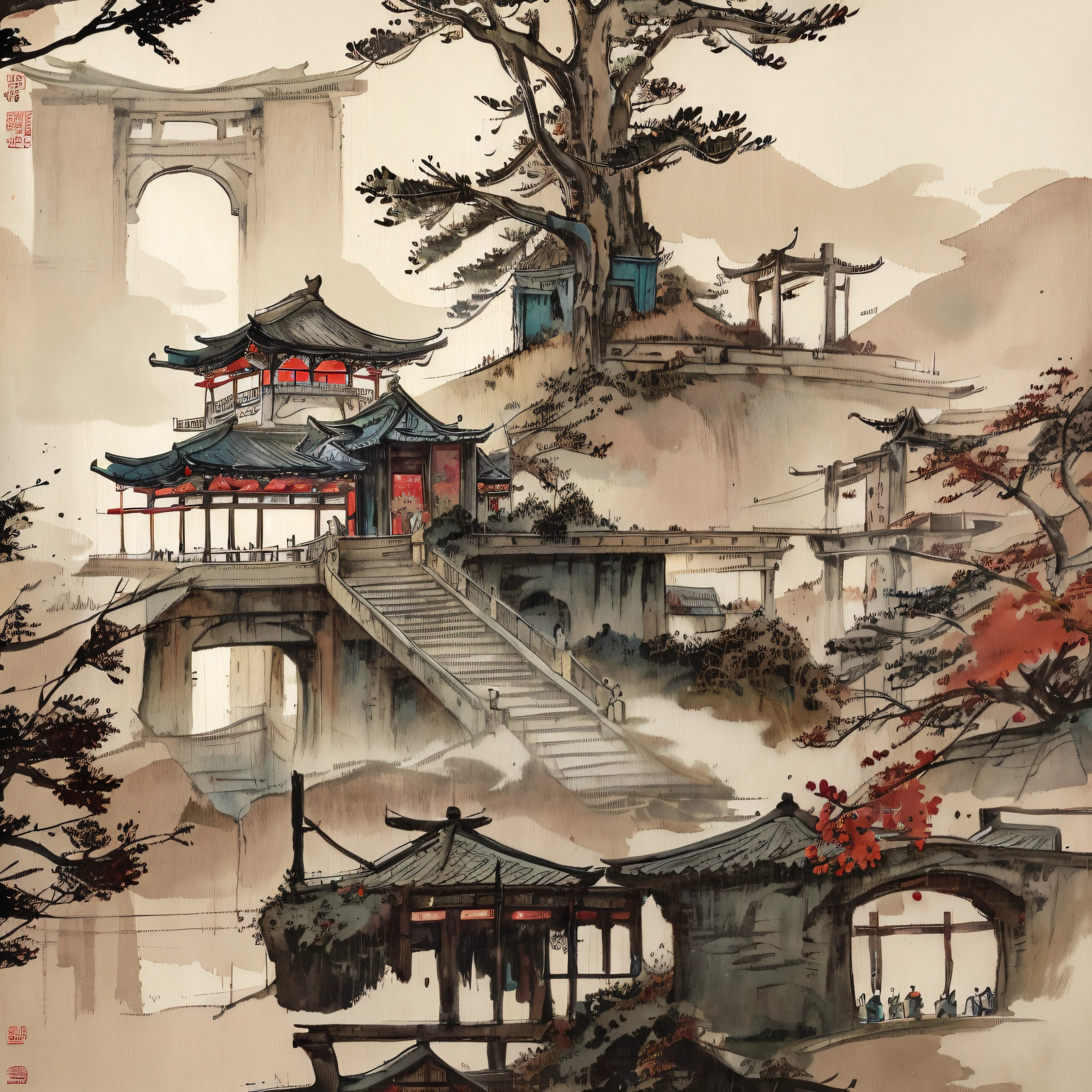 arafed view of a chinese building with a bridge and steps, Ancient Chinese architecture, Chinese architecture, traditional japanese concept art, digital painting of a pagoda, Ancient Japanese architecture, Beautiful rendering of the Tang Dynasty, Chinese style buildings, high quality architectural art, chinese watercolor style, andreas rocha style, Chinese style, Japanese architecture, cyberpunk chinese ancient castle, author:Li Zai
