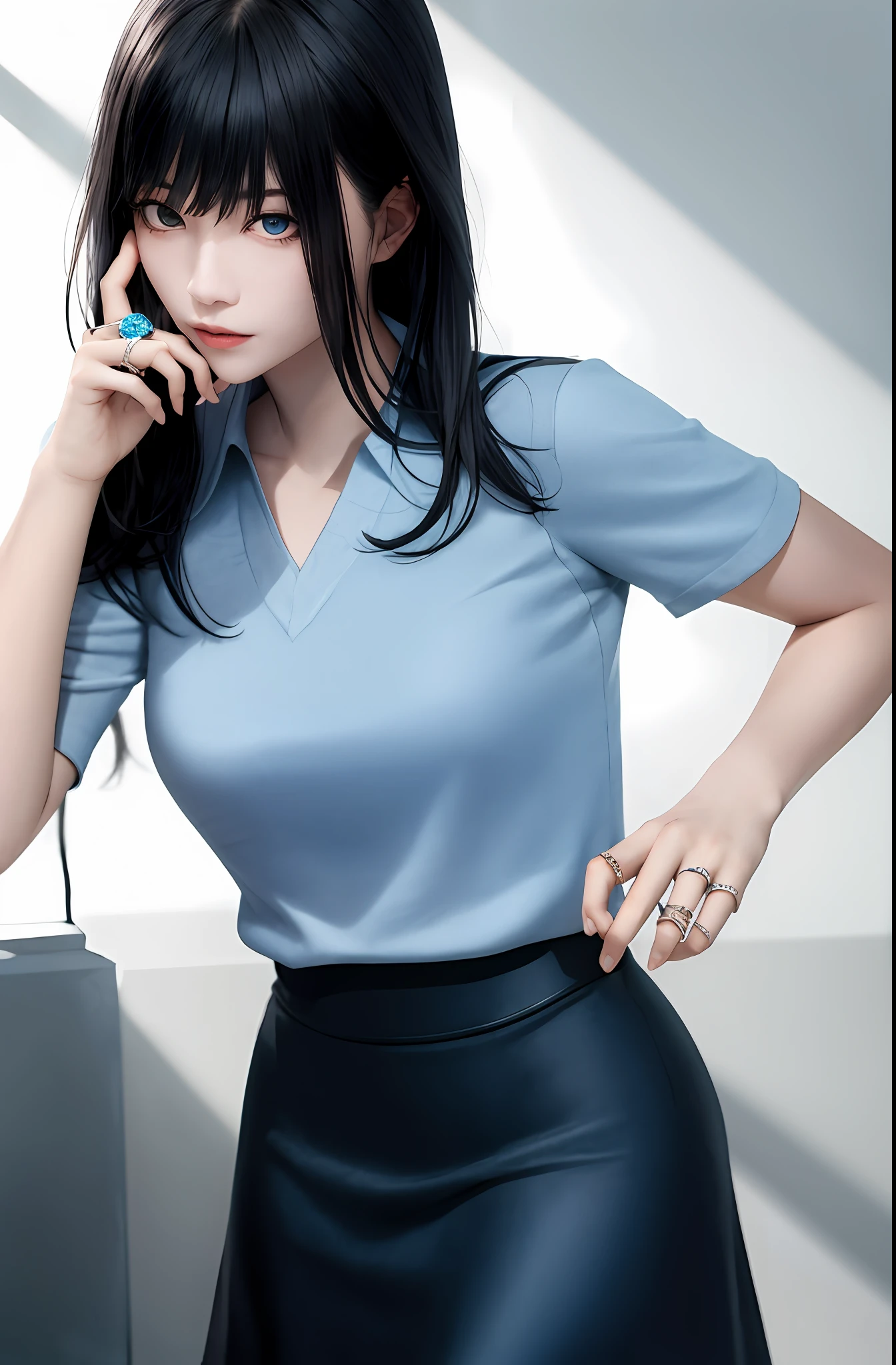 Masterpiece, (Photorealistic: 1.4), Top Quality, Beautiful Lighting, (ulzzang-6500:0.5), Makima (Chainsaw Man), (Bob Hair) + (Black Hair) + (Bangs), Blue Eyes, Blue Eyes, (((Ring Eyes)), (Flared Skirt), RAW Photography, 8k UHD, Film Grain