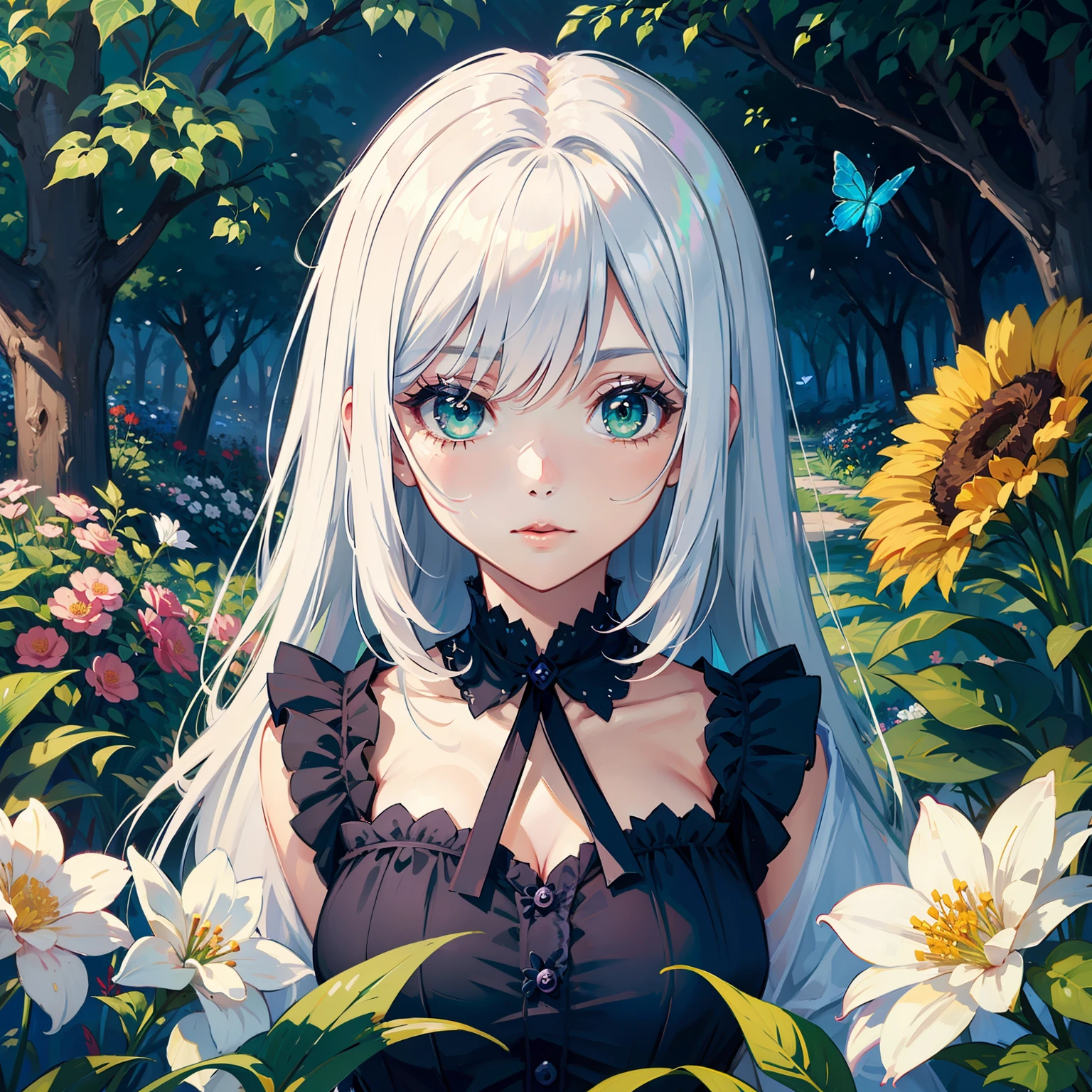 masterpiece, best quality, flowers, garden, 1girl, butterfly style, butterflies, ultra detailed, white hair, green eyes,