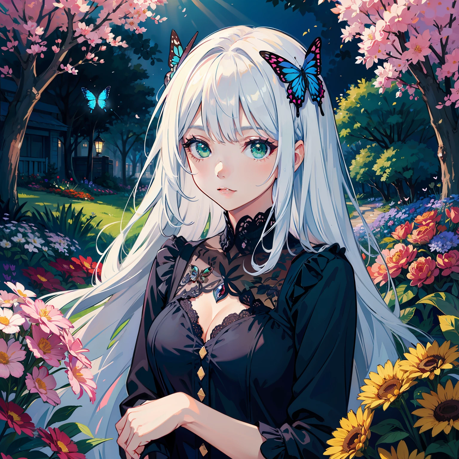 masterpiece, best quality, flowers, garden, 1girl, butterfly style, butterflies, ultra detailed, white hair, green eyes,