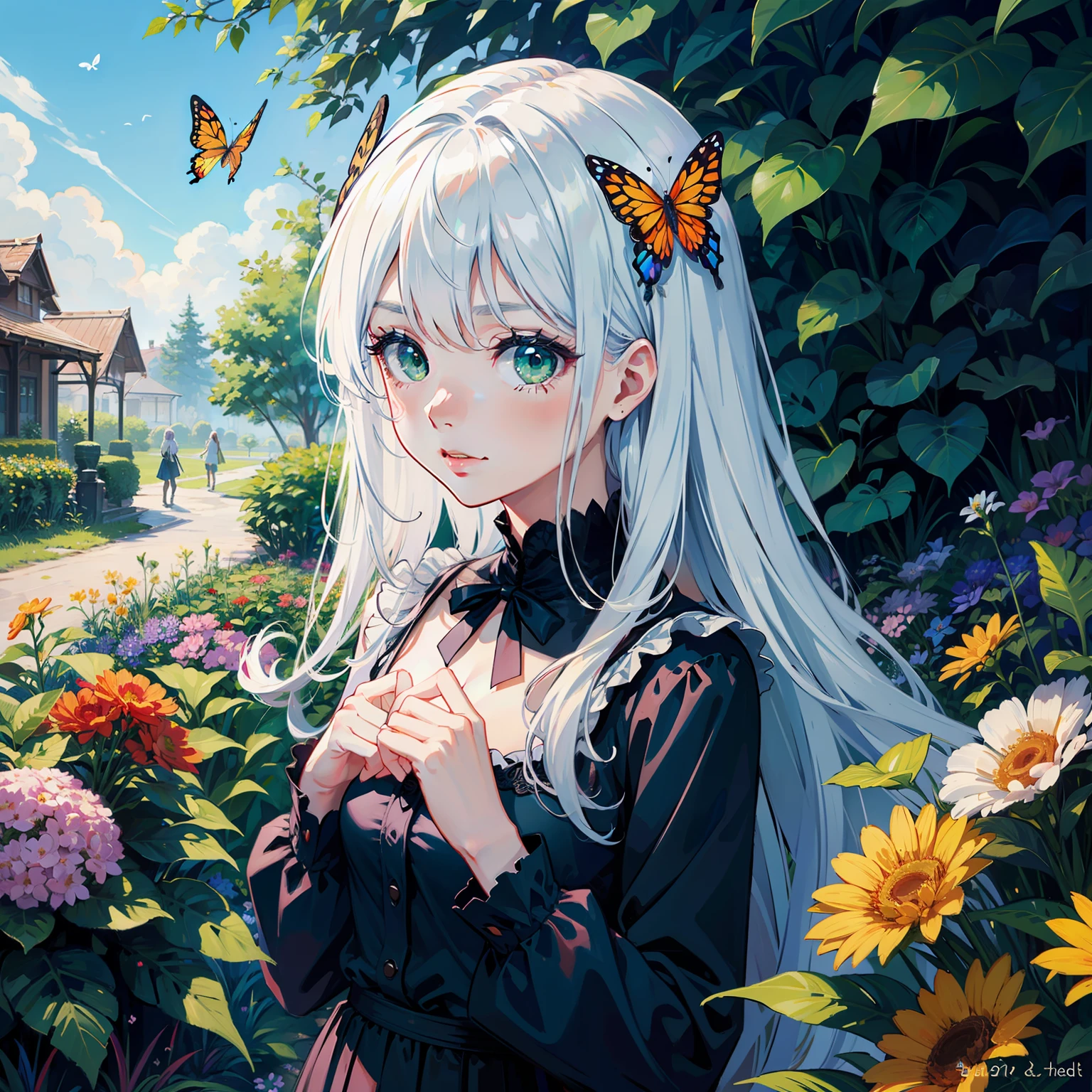 masterpiece, best quality, flowers, garden, 1girl, butterfly style, butterflies, ultra detailed, white hair, green eyes,