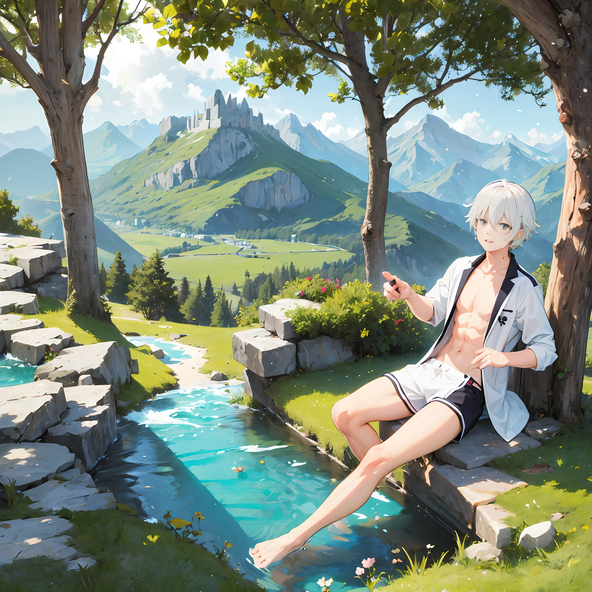 White-haired boy，Anime character sitting naked on lawn，，Mountain peak island，Shinkai，in a sunbeam