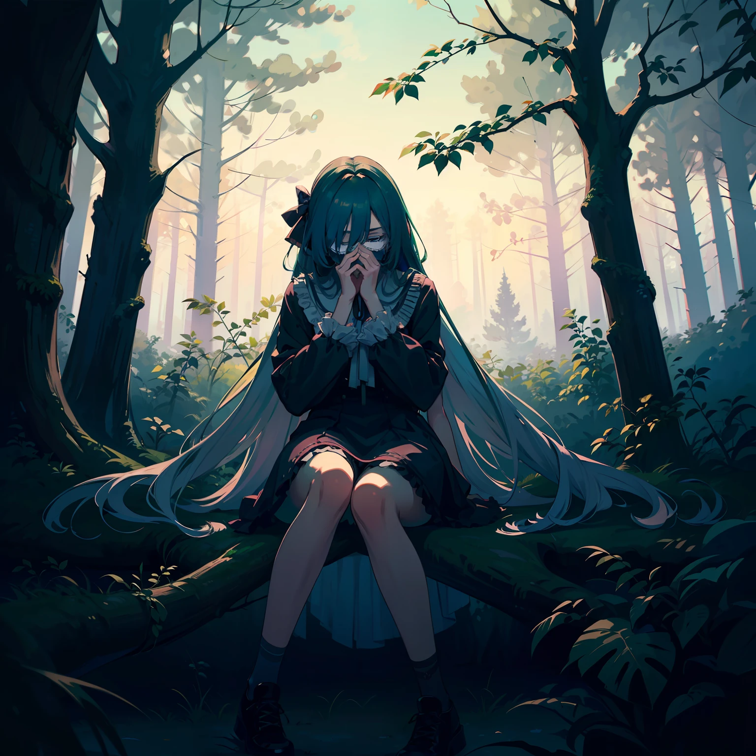 (masterpiece),(best quality),(ultra-detailed),illustration,disheveled hair,Dynamic angle,solo,1girl,game character portrait,lolita fashion,full body, (Cloth strip covering eyes:1.35),(lace),(sit on withered tree:1.25),bare legs,([green hair | purple hair]:1.25),expressionless,(chiaroscuro lighting:1.2),long hair