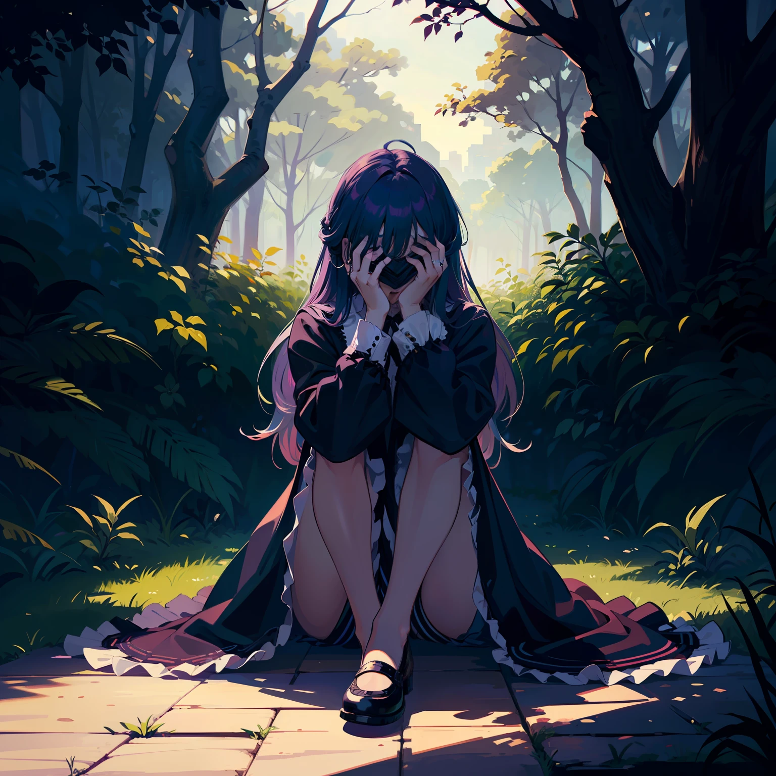 (masterpiece),(best quality),(ultra-detailed),illustration,disheveled hair,Dynamic angle,solo,1girl,game character portrait,lolita fashion,full body, (Cloth strip covering eyes:1.35),(lace),(sit on withered tree:1.25),bare legs,([green hair | purple hair]:1.25),expressionless,(chiaroscuro lighting:1.2),long hair