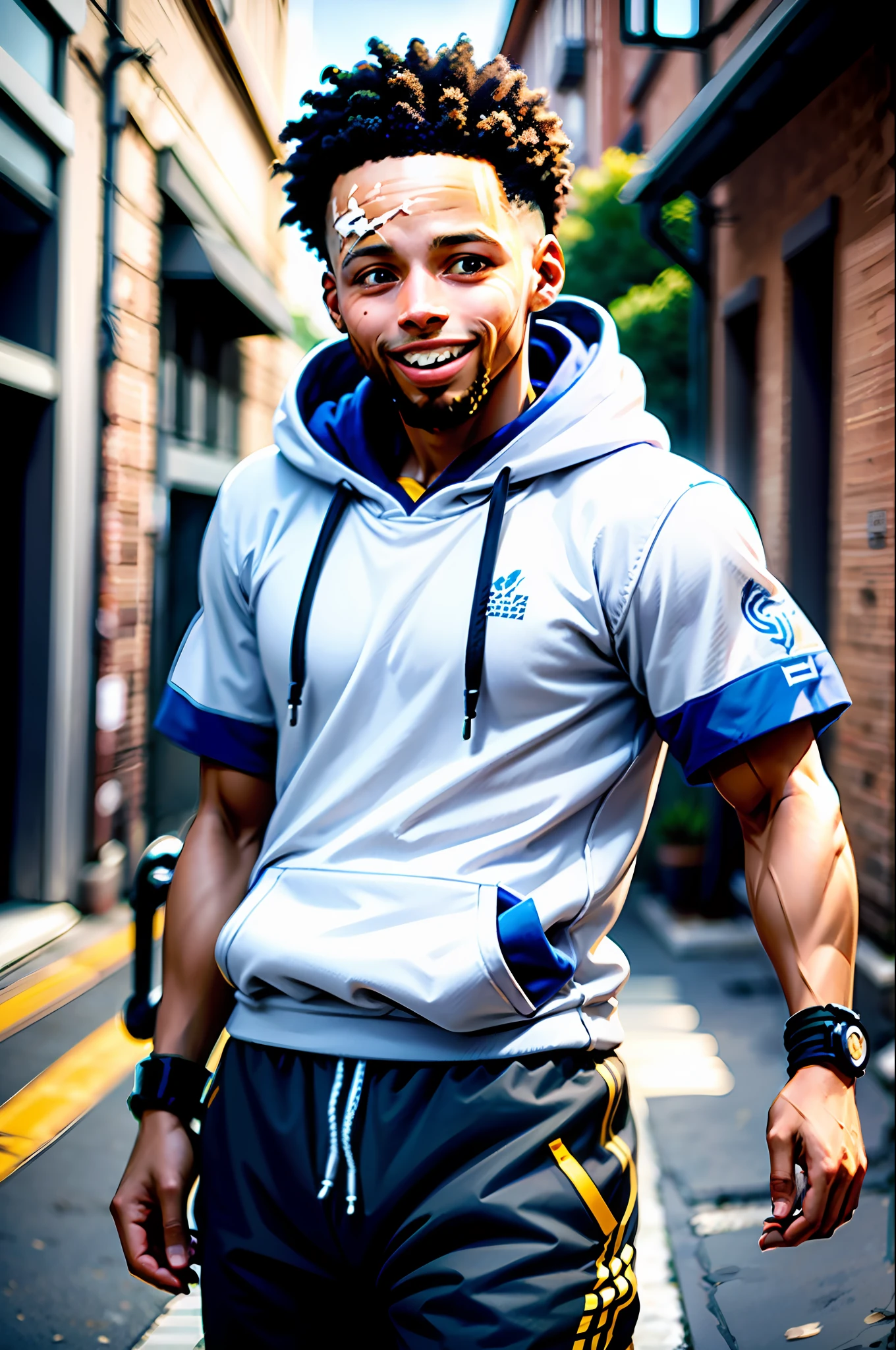 Steph curry, fantasy, street, hoodie, pants, powers, aura, fine detailed background, grin, high detail, anime, Ghibli-like colours, anime style, film grain, close-up, cinematic lighting, ray tracing, motion lines, 8k, super detail, UHD, anatomically correct, masterpiece, high details, super detail, high quality, best quality, highres, HD, 4K, 8k, 16k