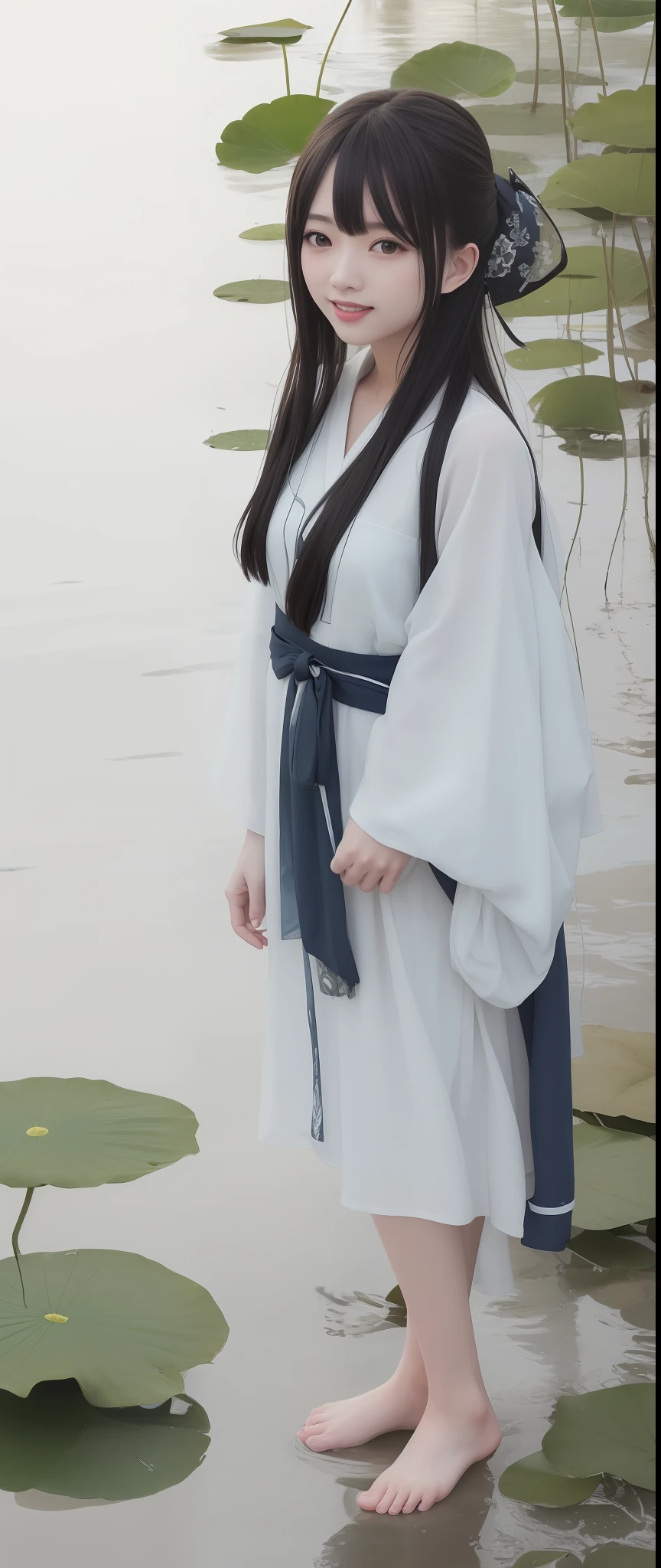((4k,masterpiece,best quality)), shuimobysim, traditional chinese ink painting, lotus, hanfu, maxiskit, dress conservatively 1girl, solo, long blue hair, smile, standing, feet in the water, barefoot,