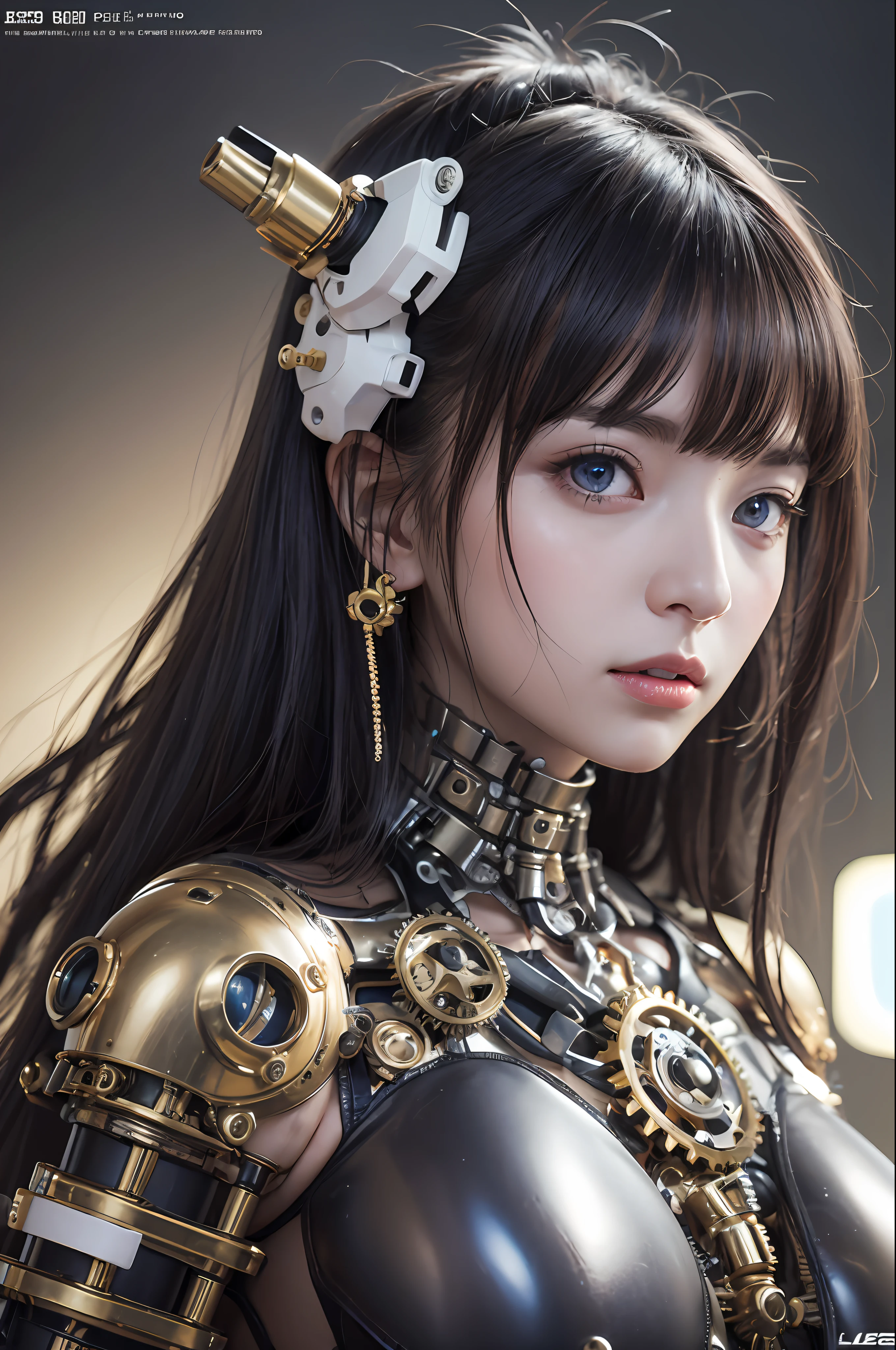 最好质量、巨作、ultra-high-resolution、(photoreallistic:1.4)、Raw photo、女の子1人、Black hair、glowy skin、1 Mechanical Girl、((hyper realistic detail))、portlate、Global Illumination、Shadow、octane rend、8K、ultrasharp、big tit、Raw skin is exposed in cleavage、metals、Details of complex ornaments、Gothloli details、Analog Meter、cog、gear、Golden hydraulic cylinder、hyper intricate details、Realistic light、CGSoation Trends、purple colored eyes、eyes glowing、Facing the camera、neon details、Mechanical limbs、blood vessels connected to tubes、Mechanical vertebrae attached to the back、mechanical cervical attaching to neck、sitting on、Wires and cables connecting to the head、Small LED lamp、