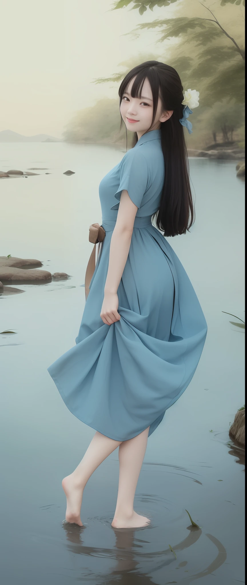 ((4k,masterpiece,best quality)), shuimobysim, traditional chinese ink painting, lotus, hanfu, maxiskit, dress conservatively 1girl, solo, long blue hair, smile, standing, feet in the water, barefoot,