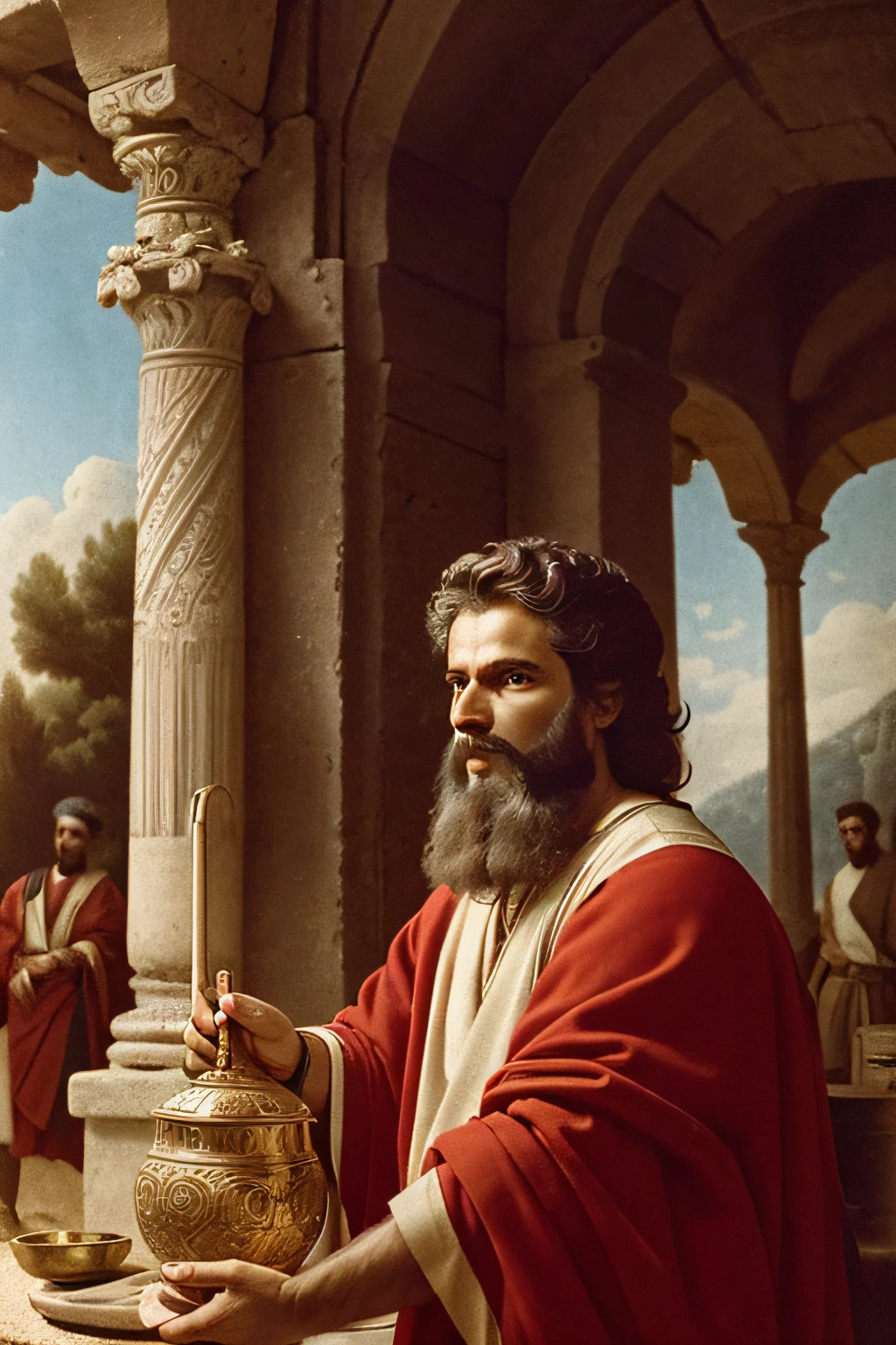 rosto de um homem em tamanho real, depicting a king's cupbearer at the time of the Persian empire, conforme descrito no Antigo Testamento. O homem deve estar vestindo roupas tradicionais de copeiro. The setting can be inspired by the architecture of the interior of the ancient palaces of the Persian people. A imagem deve transmitir a seriedade, the spirituality and the serene and imposing presence of this cupbearer of biblical times. cinematographic. super realista em 4k