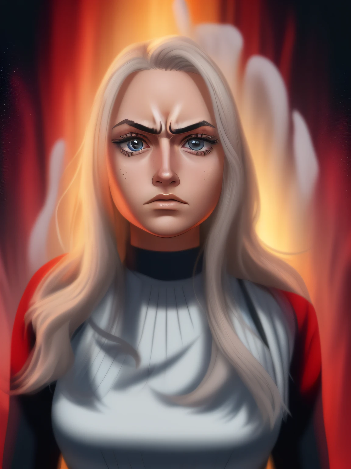 Uma mulher com cabelos longos usando um top cinza, imagem frontal, with serious face expression, mid 2 0's female, serious face, bold serious expression, clean perfect symmetrical face, Pose frontal, loiros tingido, imagem de alta qualidade, 8k,