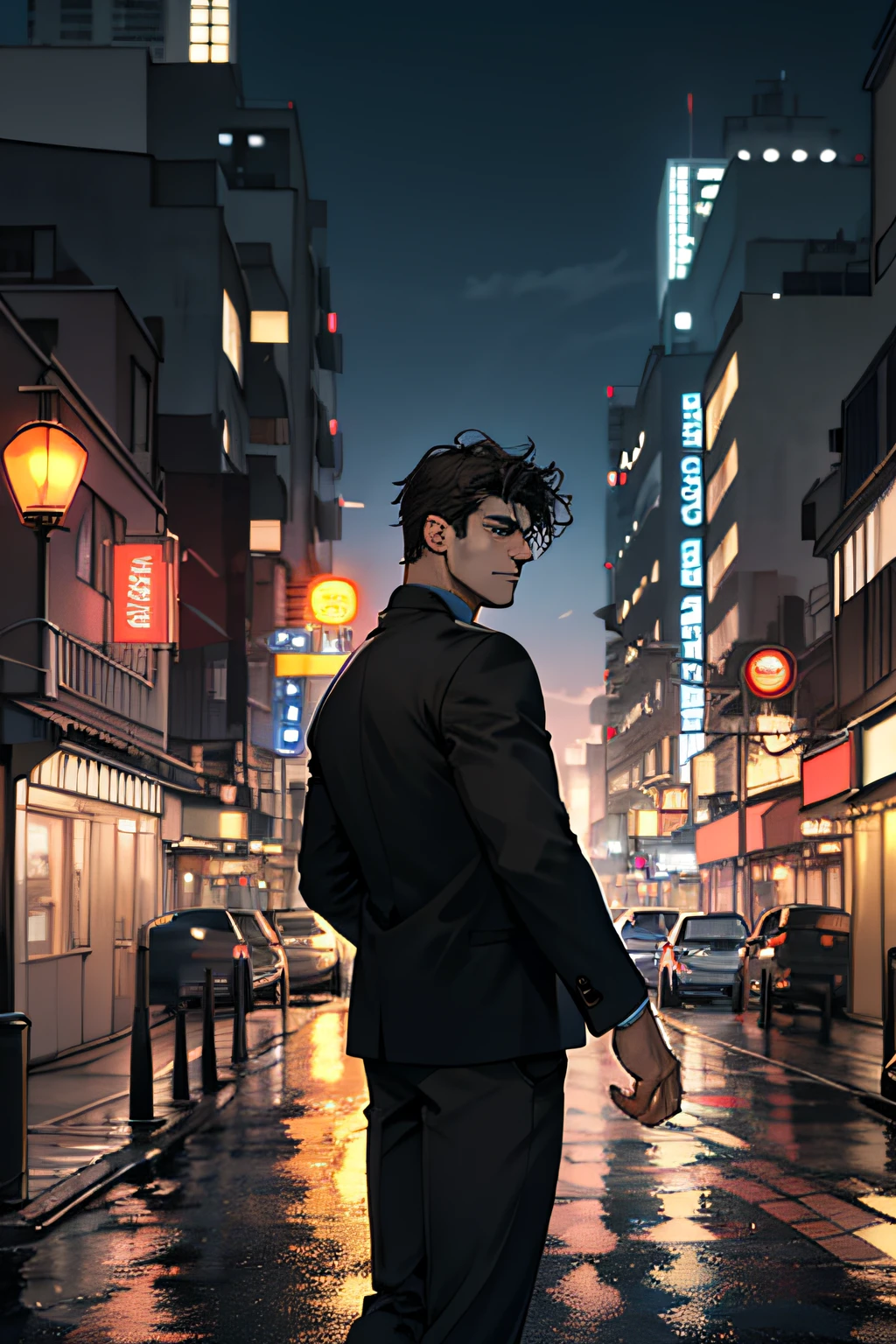 retro future neo-noir detective, brown trench coat, male, (colin farrell:1.2), bad boy, fedora, black tie, art deco, street at nighttime, (halation1.1), backlighting, soft lighting (best quality), character portrait