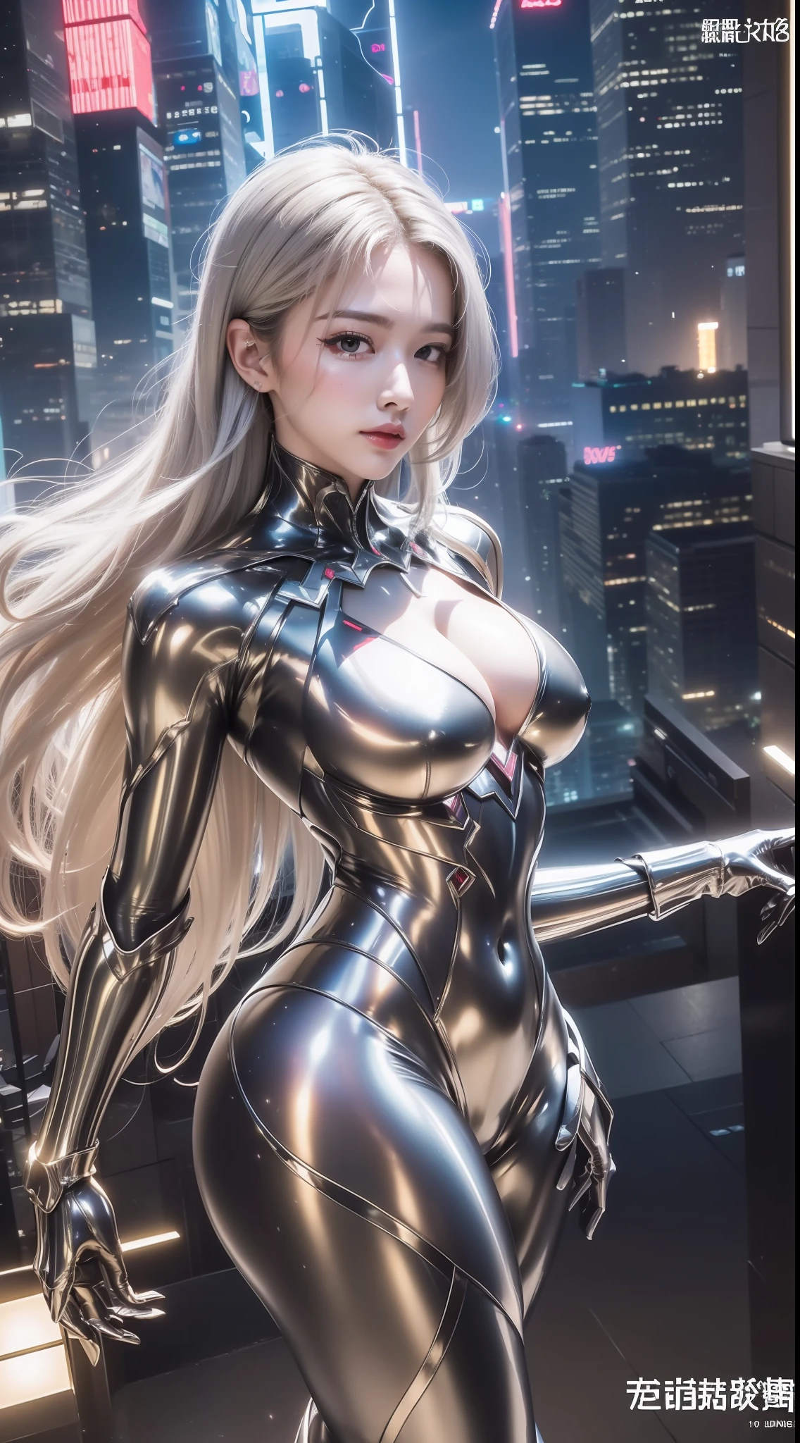 (masterpaintings、need、Ultra-delicate、high resolucion),(((She has long silver hair,A meticulous face,Nice face,The face of a human woman:1.6))),(((Female giant))),(The body is made of silver,The arms present a streamlined design,Looks tall and thin,The overall shape is streamlined and modern),(standing pose),pose for photos,high-angle,nigth,city ruins,background detail,(((body complet))),From above,独奏,(((solo dance))),(((Huge feeling)))