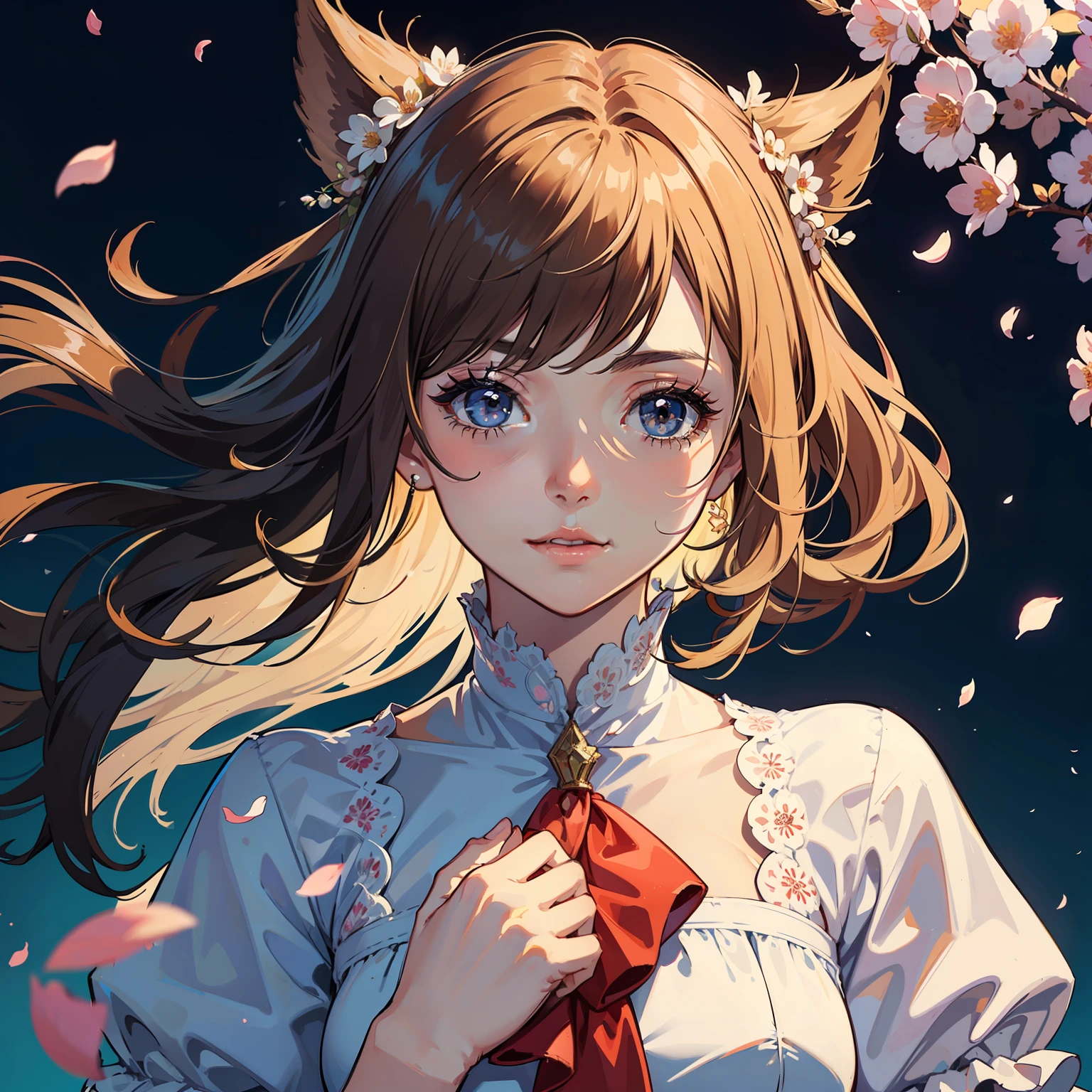 (best quality, masterpiece, ultra-realistic),1 beautiful and delicate portrait of a girl,playful and cute,with floating petals in the background,
