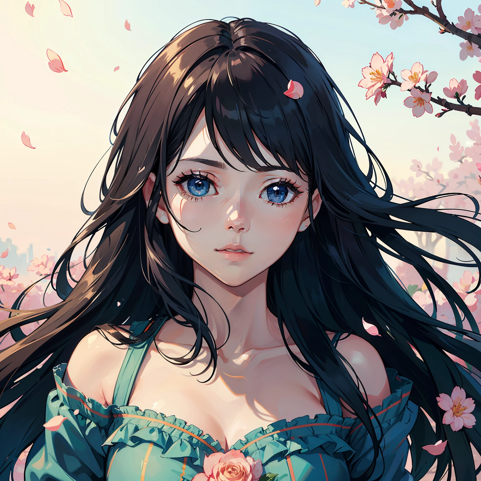 (best quality, masterpiece, ultra-realistic),1 beautiful and delicate portrait of a girl,playful and cute,with floating petals in the background,