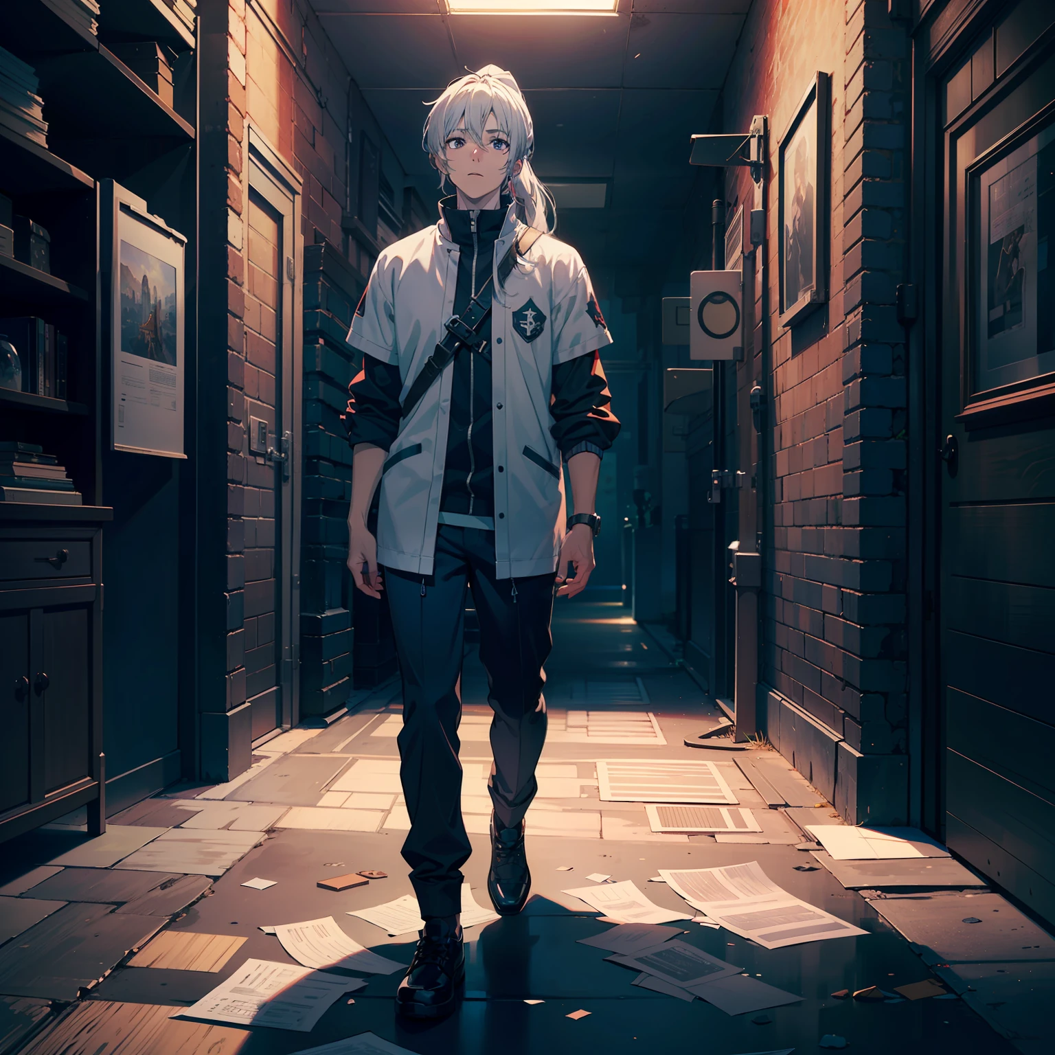 1boy,long hair, ponytail,white hair,black armor, standing on ruins, holding sword,full body,  looking down,, (masterpiece:1,2),best quality,masterpiece,highres,original,extremely detailed wallpaper,(extremely detremely detailed CG:1.2),8k,anime,cartoon, paper_cut, (masterpiece:1,2),best quality,masterpiece,highres,original,extremely detailed wallpaper,perfect lighting,(extremely detremely detailed CG:1.2),8k,anime,cartoon