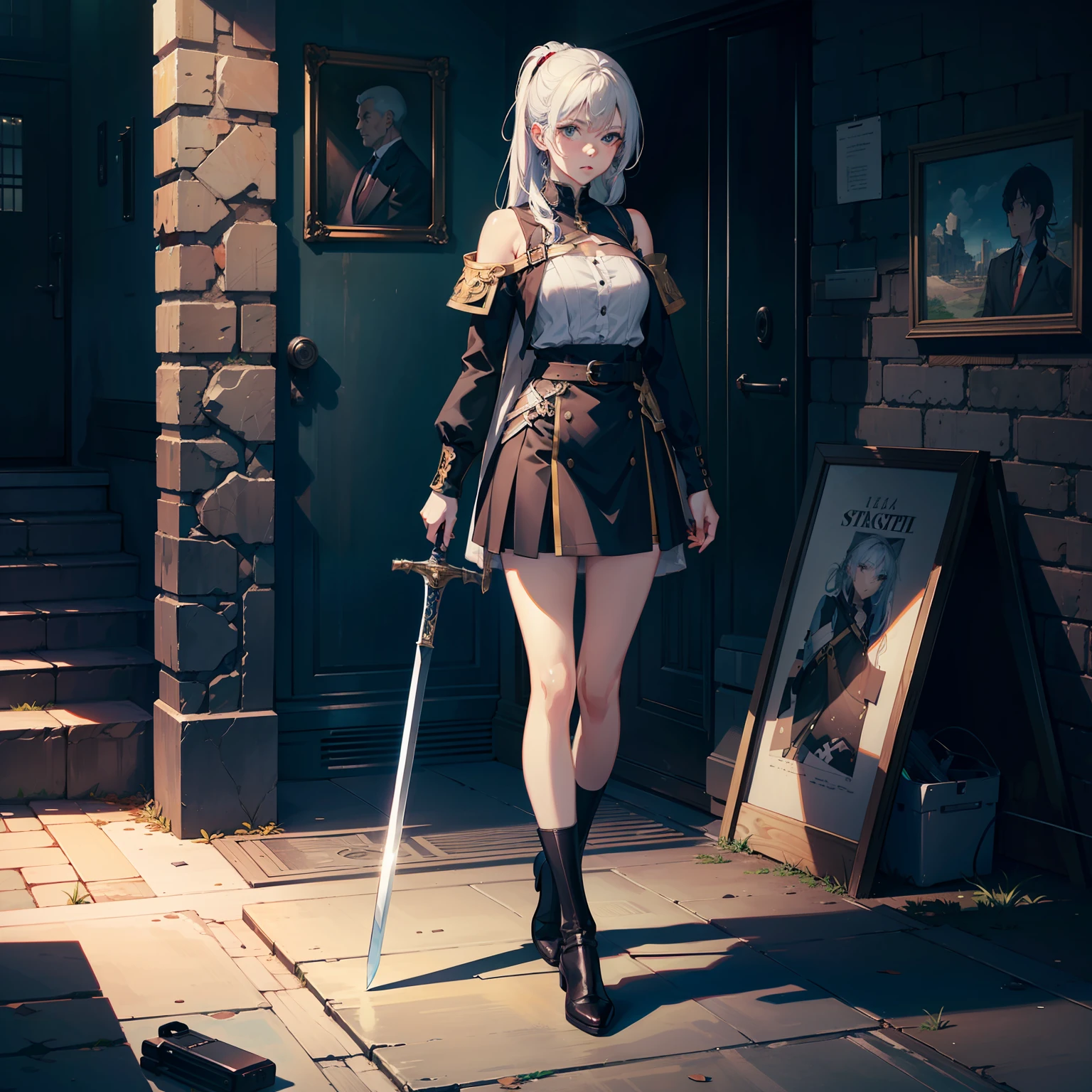 1boy,long hair, ponytail,white hair,black armor, standing on ruins, holding sword,full body,  looking down,, (masterpiece:1,2),best quality,masterpiece,highres,original,extremely detailed wallpaper,(extremely detremely detailed CG:1.2),8k,anime,cartoon, paper_cut, (masterpiece:1,2),best quality,masterpiece,highres,original,extremely detailed wallpaper,perfect lighting,(extremely detremely detailed CG:1.2),8k,anime,cartoon