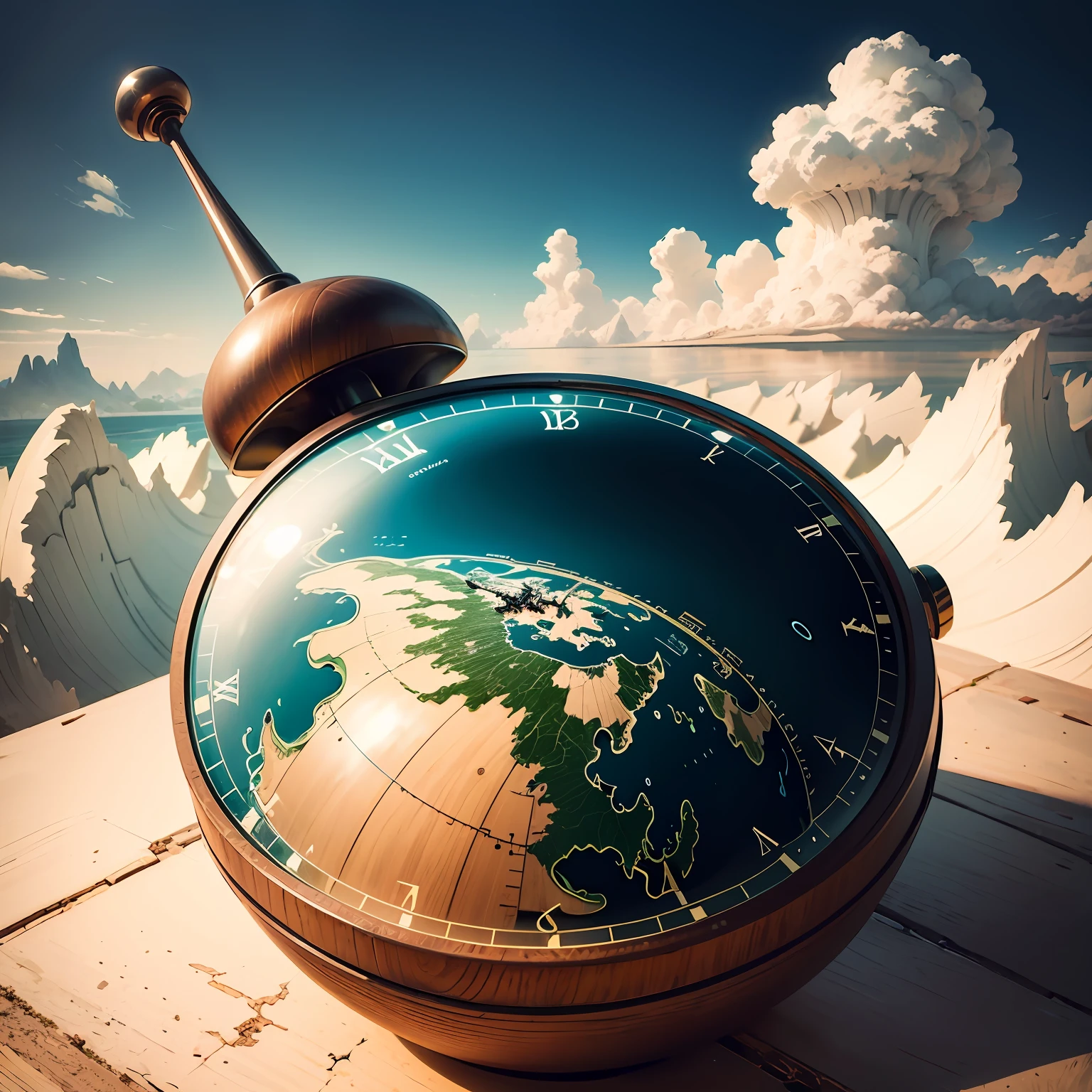 The illustration shows a margin separating the known world from the unknown. A person looks beyond the margin, representing the search for self-improvement. No horizonte, Enigmatic clouds symbolize the unexplored place. Physical and psychological time are represented by an ever-changing clock and clouds. The illustration invites us to go beyond routines and obligations, explorando o desconhecido em busca do autodesenvolvimento. --auto