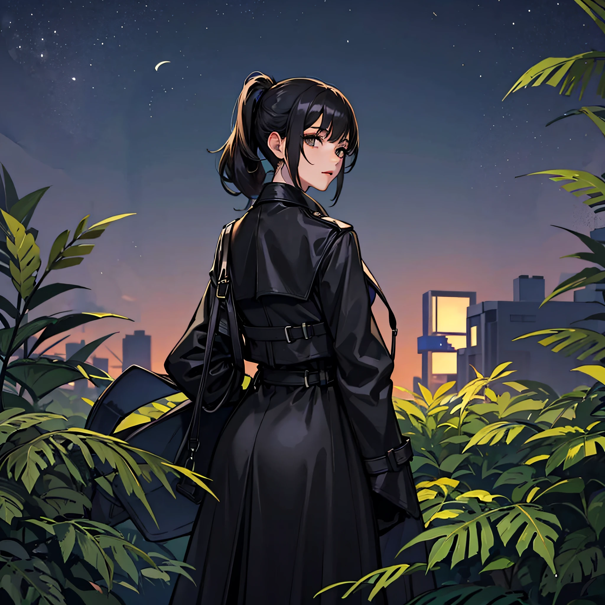 A woman with a black ponytail,Wear a black trench coat,the night,moonlit glow,suburb,Private hospitals,Greenery