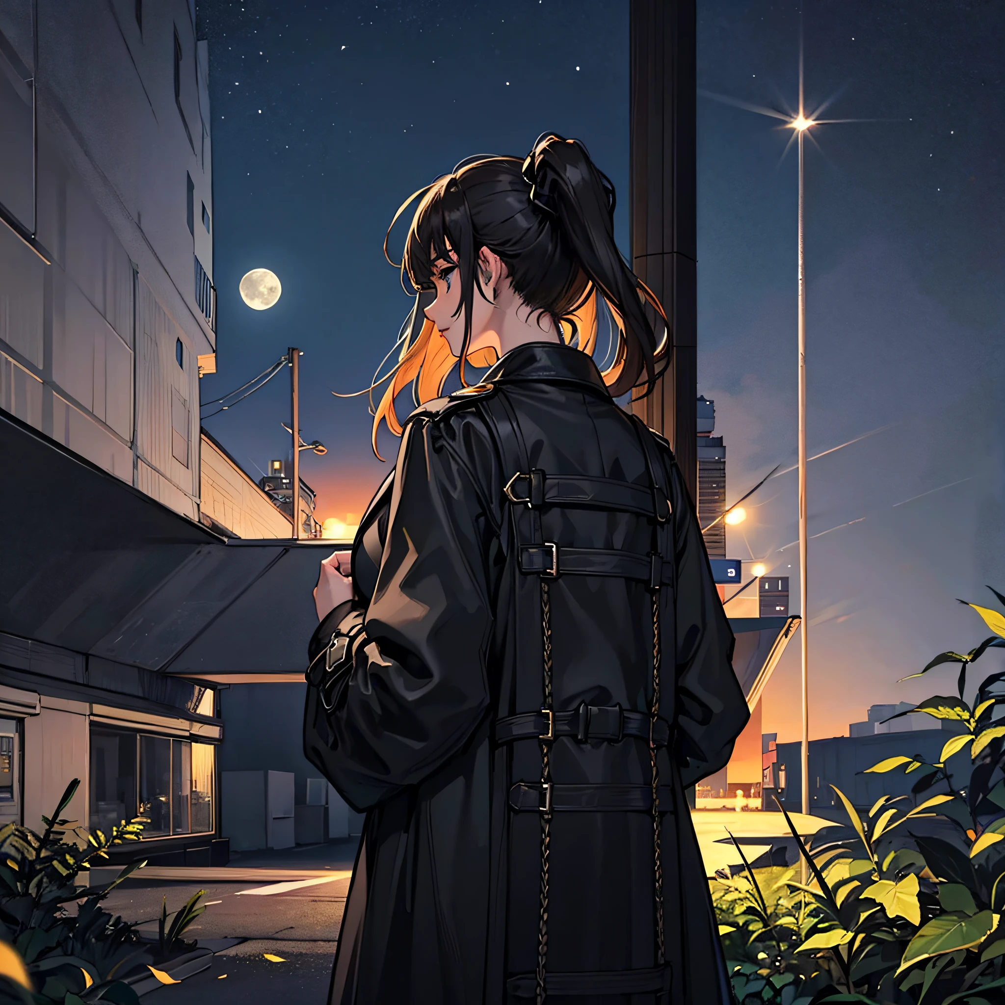 A woman with a black ponytail,Wear a black trench coat,the night,moonlit glow,suburb,Private hospitals,Greenery