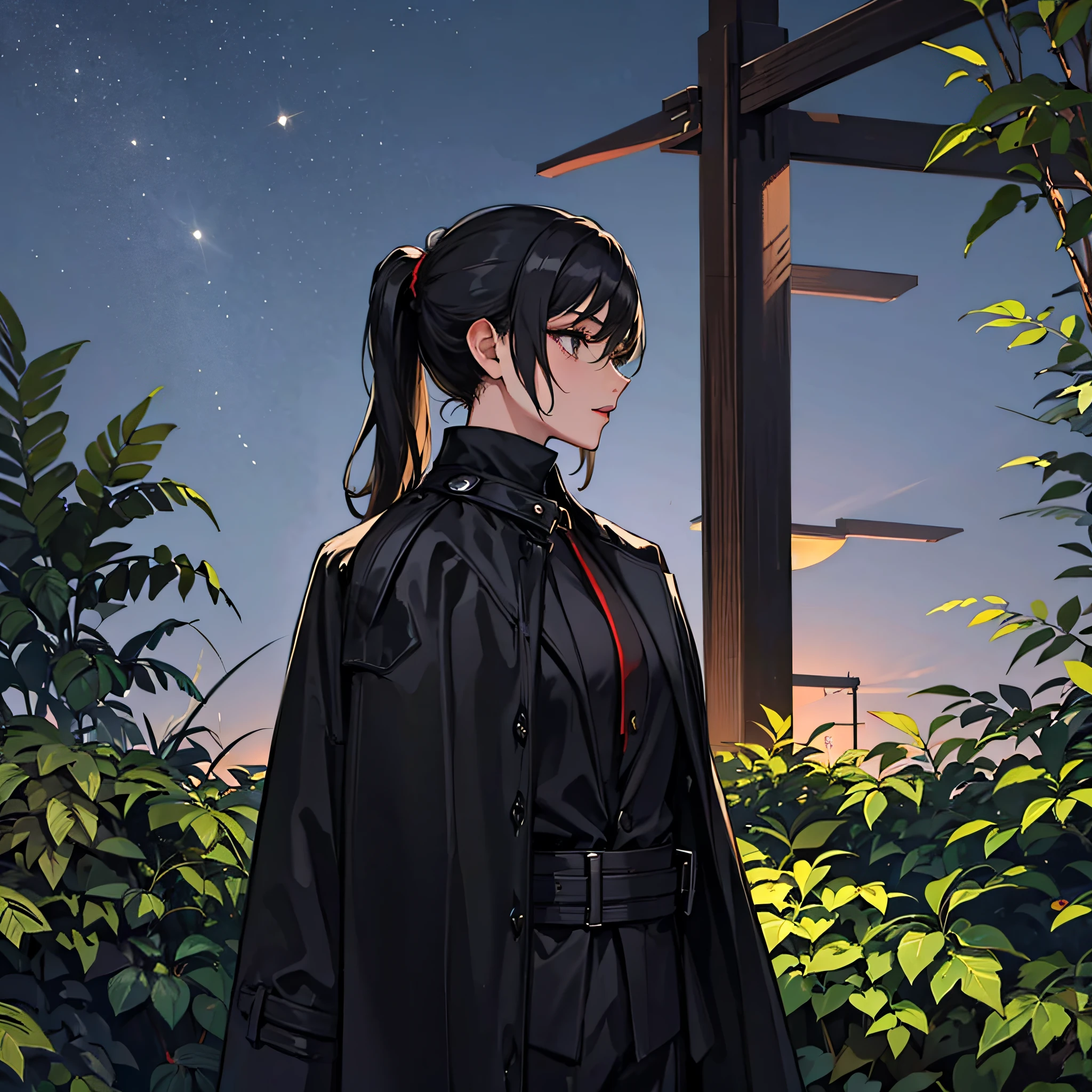 A woman with a black ponytail,Wear a black trench coat,the night,moonlit glow,suburb,Private hospitals,Greenery