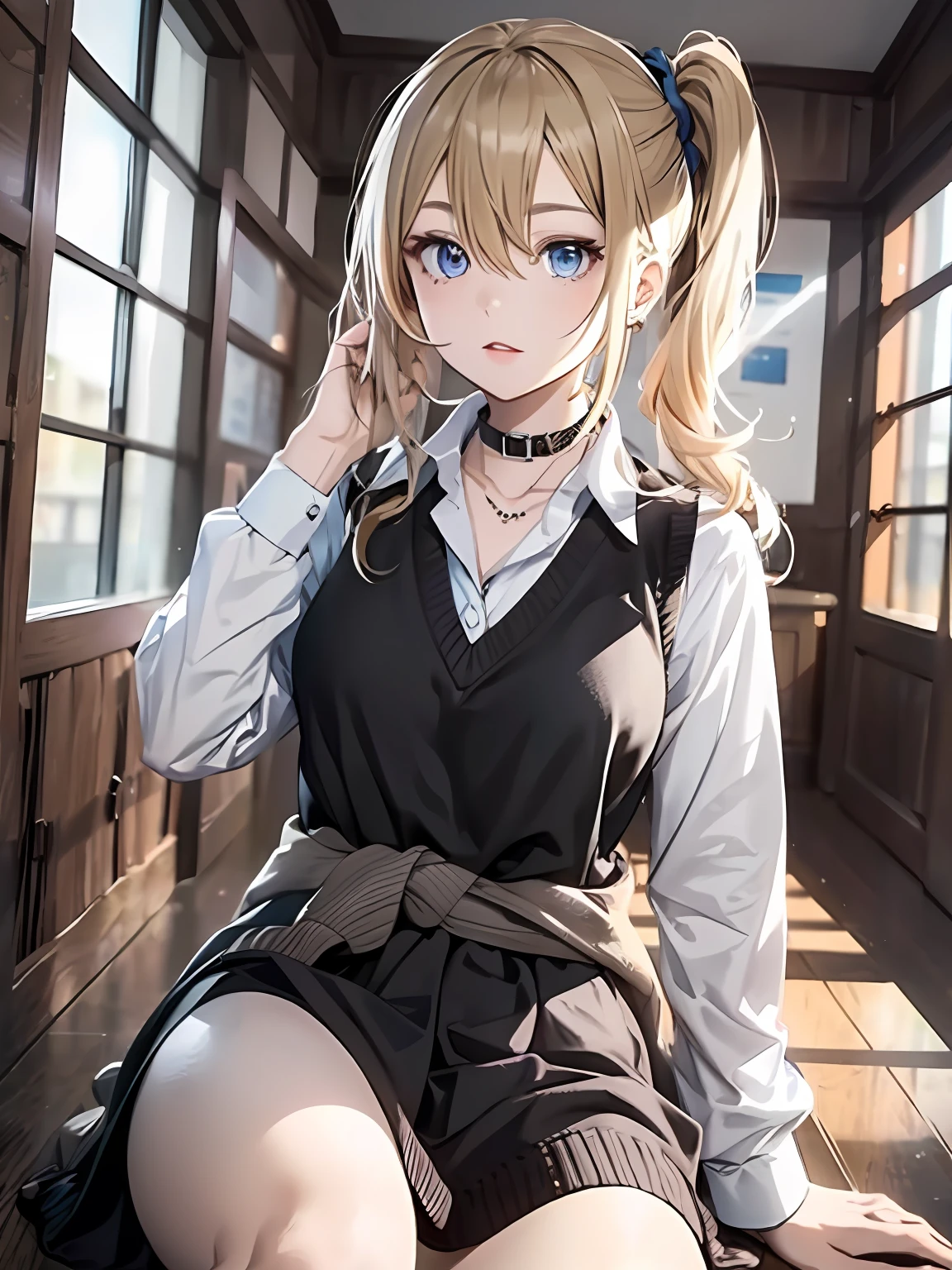 (mastaer piece:1.3)、(最好质量:1.4)、Hi-Res、NNSFW、8k resolution 1 girl, Solo, hayasaka ai, Blue scrunchie,(Side Ponytail), Hair Between Eyes, Blue Eyes, Blonde hair, Hair Ornament, Breasts, School Uniform, collared shirt, hair scrunchie, clothes around waist, Bangs, Black socks, Black vest, Long hair, Long sleeves, cardigan, side locks, knee high, dress shirts, Necklace, collar bone, Black dress, Jewelry, Light brown sweater、Random Posing、