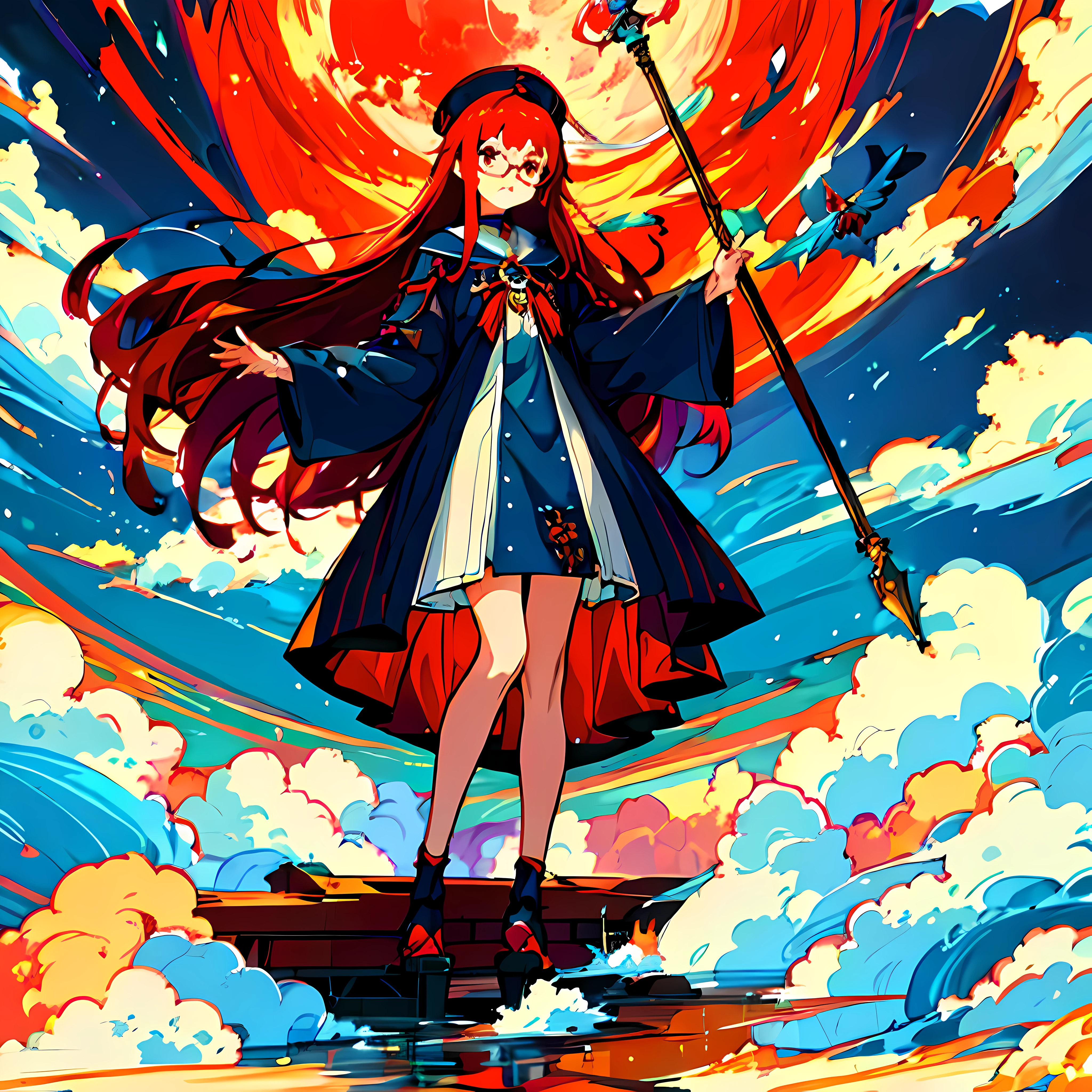 anime girl standing on a platform with a staff in front of a full moon, Red-haired mage,Wearing glasses, Kantai Collection Style, sky witch, anime style illustration, anime fantasy illustration, anime style 4 k, anime illustrated, Anime art wallpaper 8k, beautiful anime artwork, anime girl walking on water, digital art on pixiv, anime fantasy artwork