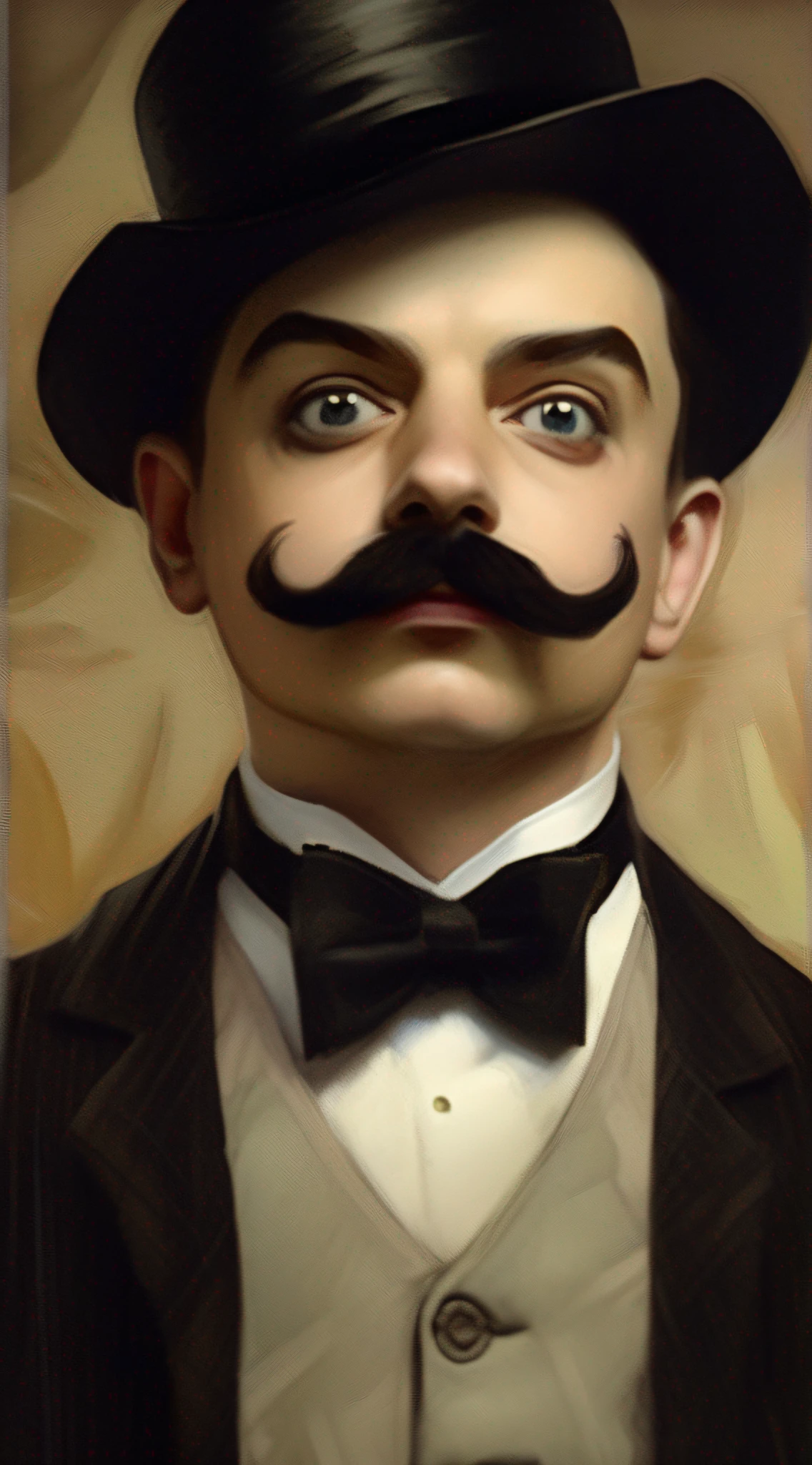 Imagem de um homem com bigode e cartola, inspirado em Charles Joshua Chaplin, Vaudevillian, Retrato do artista circense, iconic film character, Karol behind Major Buster Keaton, Benjamim Lacombe, he is wearing a top hat, um retrato do personagem, Adi Granov, cartola e bigode luxuoso