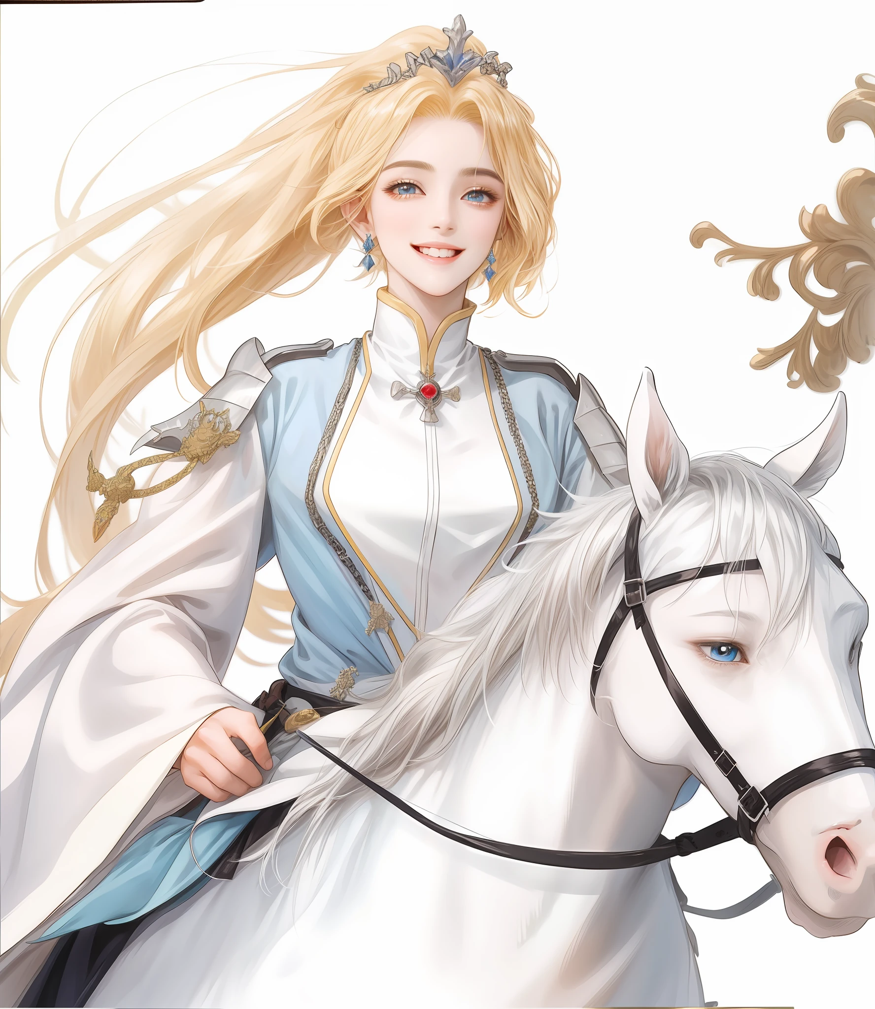 imagem de anime de uma mulher (sorrindo) montando um cavalo com um vestido branco, beautiful androgynous prince, delicate androgynous prince, ((uma bela imperatriz fantasia)), cara bonito na arte demon slayer, handsome prince, imagem de anime shuushuu, por Yang J, inspirado por Li Chevalier, com longos cabelos brancos, cara de anime alto com olhos azuis