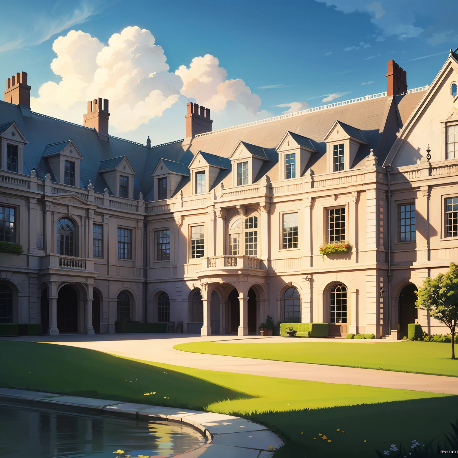 masterpiece, 8k wallpaper, library 1800s huge and beautiful english rural mansion, cream marble, shinny windows, no towers, sunny, spring, realistic, intrincated detailed, howard building by Canaletto