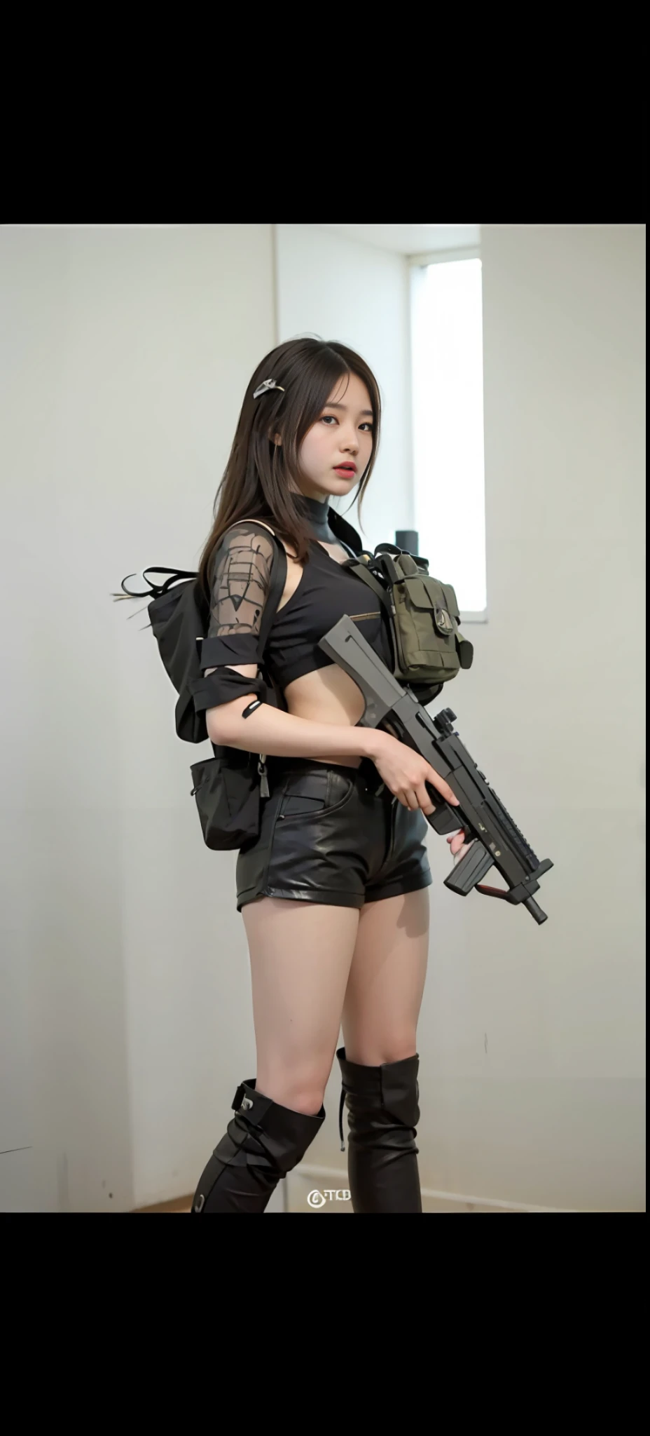 Close-up of a woman holding a gun in black leather shorts,large tities,Short top, with rifle, m4 sopmod ii girls frontline, inspired by Leng Mei, mechanized soldier girl, Bikini + tattered military gear, holding pdw, kanliu666, heavily armed, with pistol, wearing techwear and armor, SMG, e - girl, E-Girl