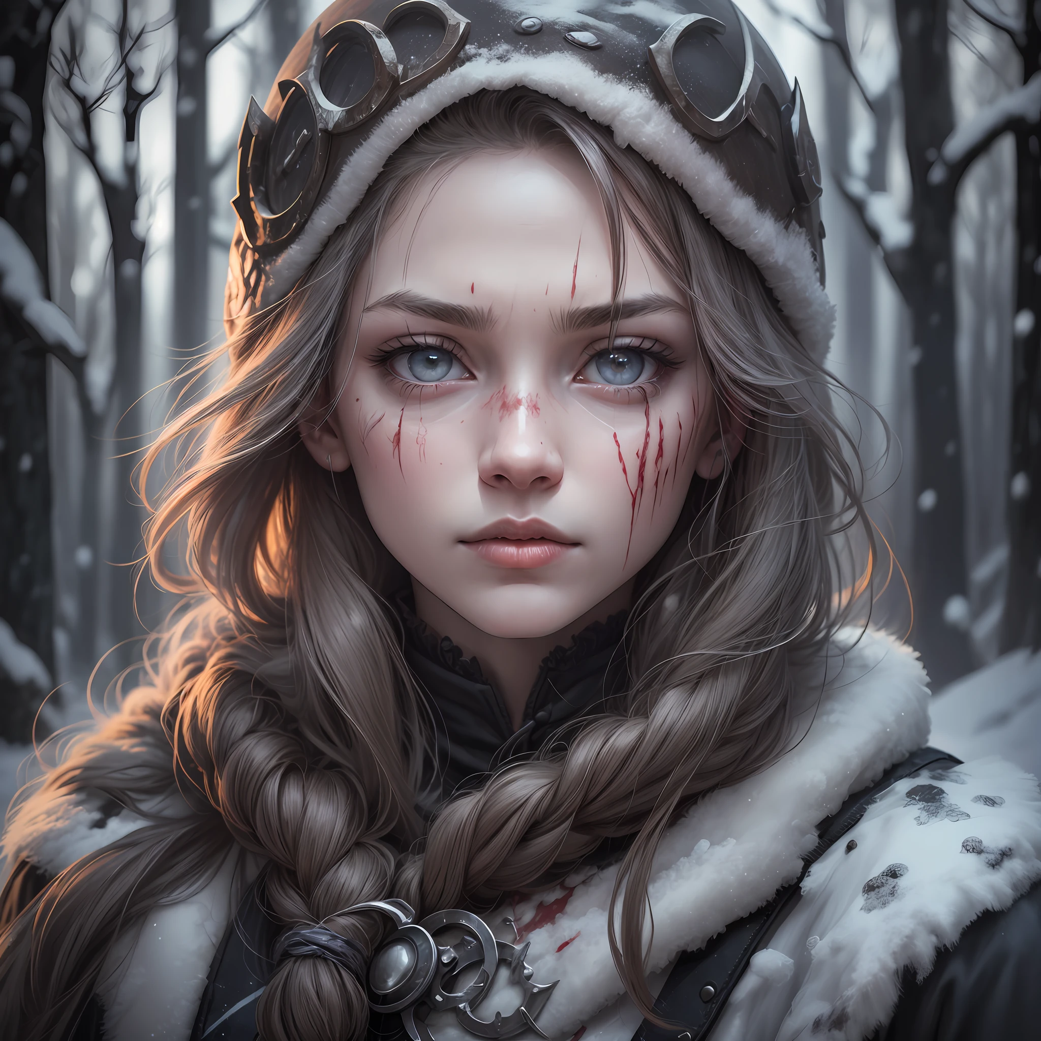 (巨作, Ultra-Quality, tultra-detail, Ultra-realism, 4k), waist up portrait, 独奏, night time, winter, Gloomy Forest, snowing, Young Viking girl, Beautiful and stern face, Combat tattoos, Scars, blood splatters on the face, A gloomy and harsh scene, dark theme, HDR