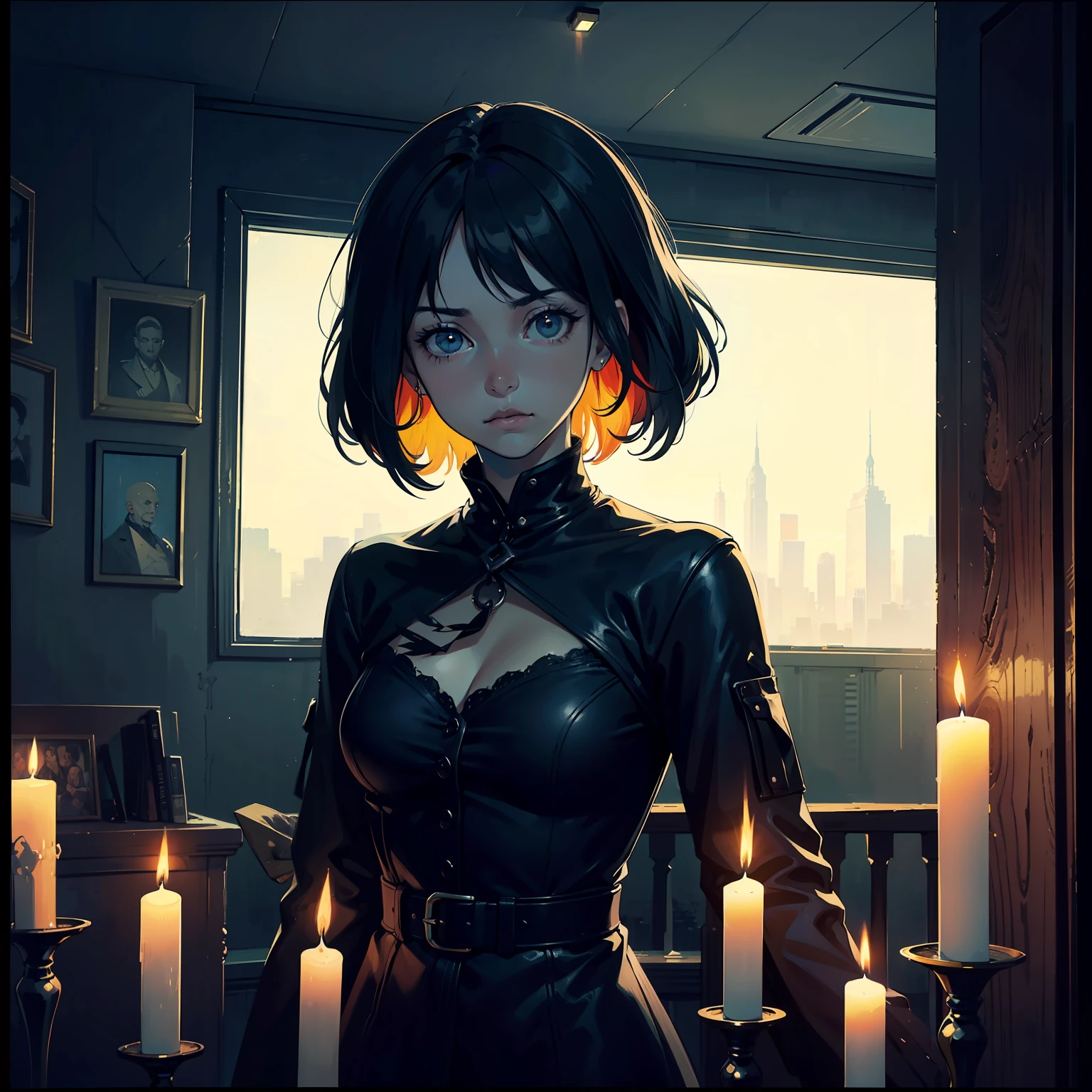 methurlant, A portrait of a woman, (intricate, atmospheric, surreal, gritty, cinematic, stylized, contrast, sci-fi, comic, eerie, stylized), Sunny, Surrealist, Crows or ravens, Dissonant,Tormented, (Primary colors:1.1), (Depth of Field:1.1), (Tenebrism:1.1), (Candlelight:1.2), Concrete, Rectangle, ultra detailed, intricate, oil on canvas, dry brush, (surrealism:1.1), (disturbing:1.1)