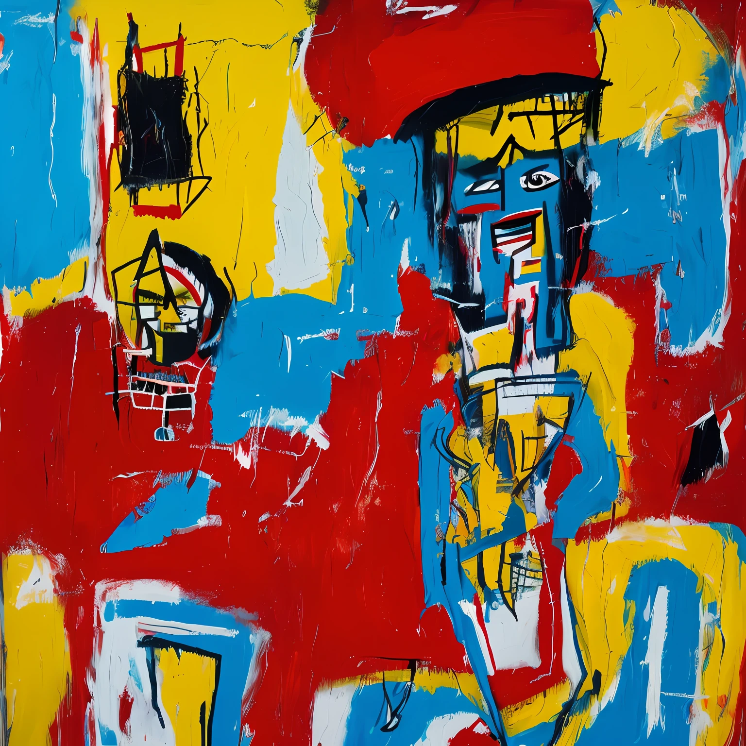 Oil on wood Basquiat painting of beautiful woman Confinden smile wearing a swuimsuit sitting in a pool side