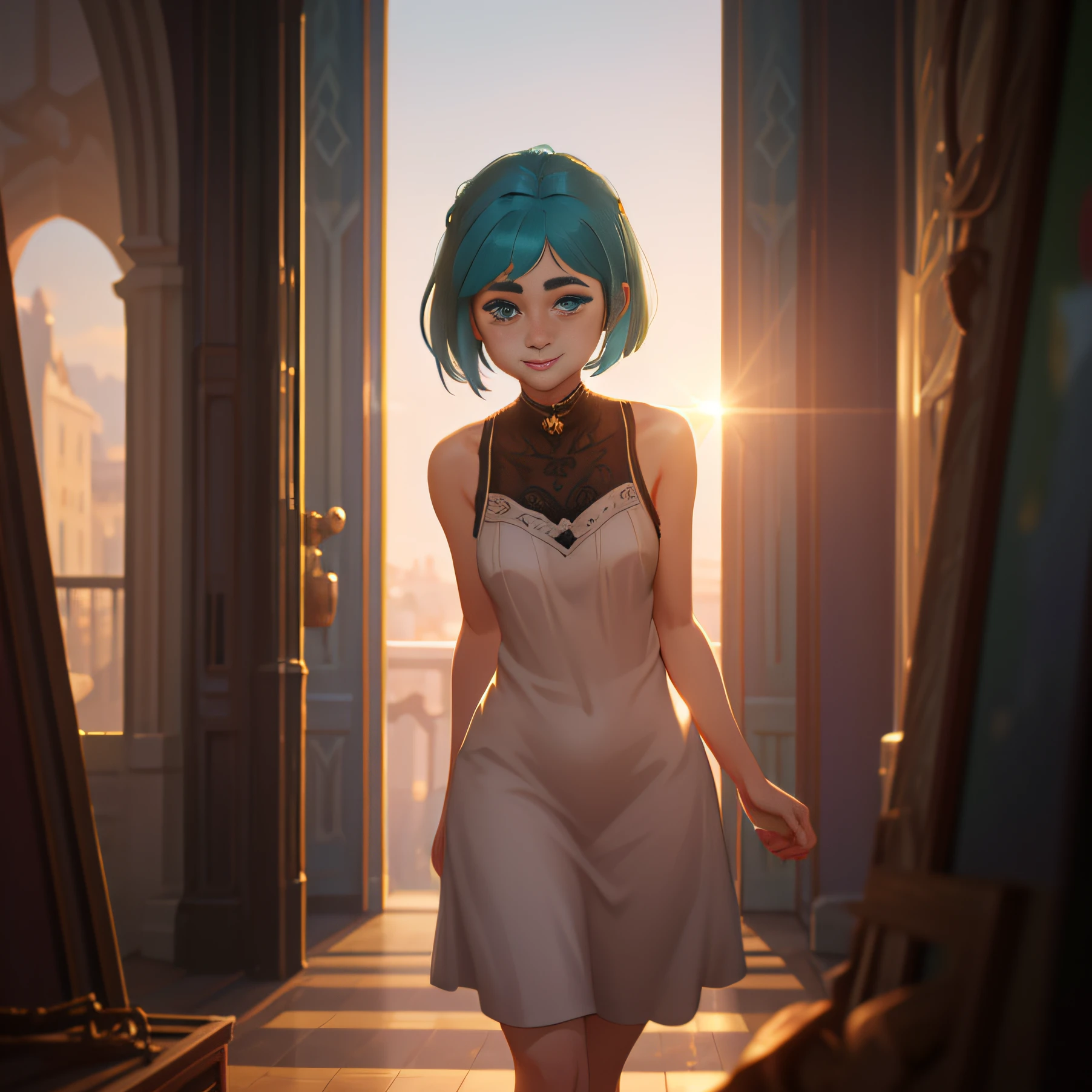 Portrait Of Stunningly Beautiful Girl. Arcane, Volumetric Lighting, Rim Lighting, Full body image, Best Shadows, Sharp Depth of Field,, Beautiful, Delicate Beautiful Attractive Face With Alluring Blue Eyes, Sharp Eyebrows, smiling, green hair, Blush Eyeshadow, Thick Eyelashes, Sun dress, Standing, (Highest Quality, Amazing Details:1.25), (Solo:1.3), Brilliant Colorful Paintings