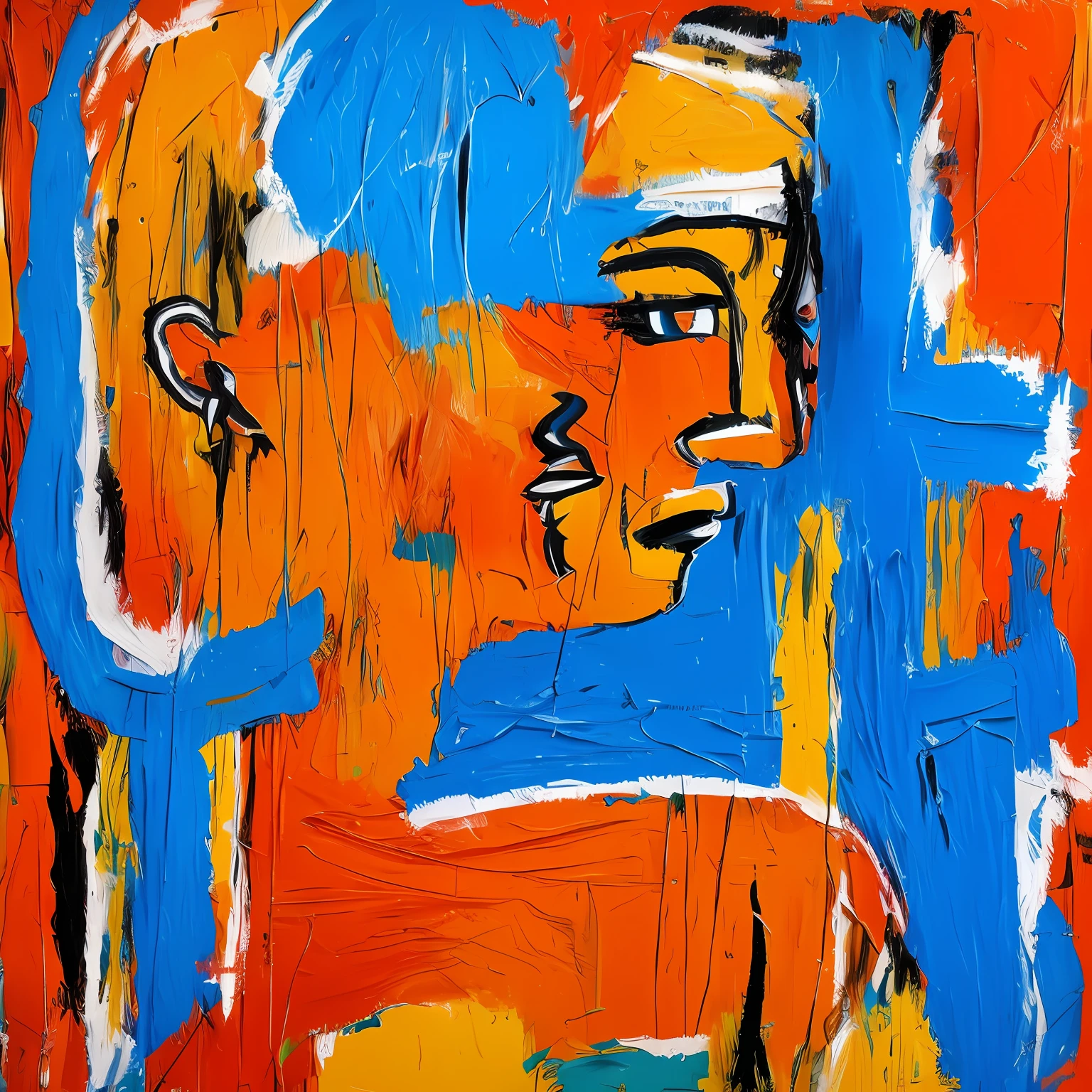 rough and crude oil painting basquiat thick brush texture on wood bright colors orange and blue, confident and bold beautiful woman in bathing suit, delicate body contour