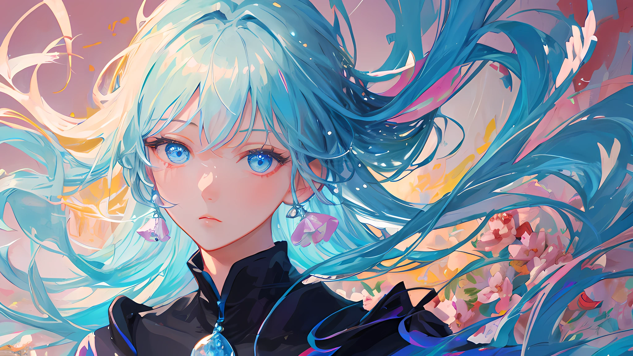 (masterpiece), (best quality), (ultra detailed),(disheveled hair),(illustration), (1girl), (Fashionable clothing), standing, Fashion model, looking at viewer, (interview), (simple background),beautiful detailed eyes, delicate beautiful face, Floating,(high saturation),(colorful splashes),colorful bubble,(shining), focus on face, kamisato ayaka, light blue hair, bangs, hair ring, floating flowers, floating hairs.Girl, anime waifu, looking at viewer, highlydetailed, reflections transparent iridescent colors, long transparent iridescent RGB hair, artby Serafleur from artstation, thick acrylic,illustration on pixiv, waist up portrait, gorgeoussacred girl, best quality, ultra detailed,sad,clever,beautiful face , beautiful lighton black background, Character stvle renderedby Octane,