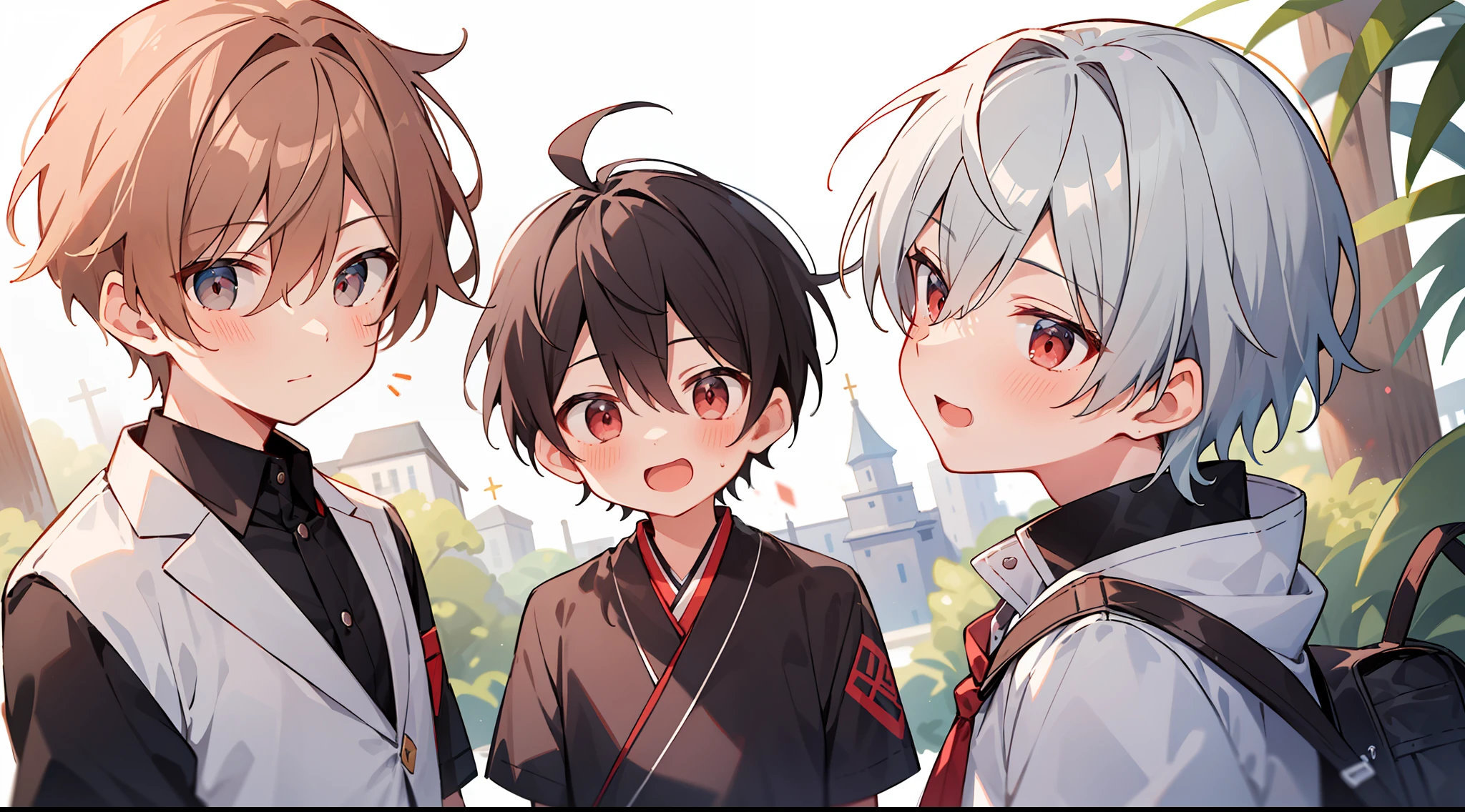 ((masterpaintings)),(((optimal quality))),(hightquality,breath-taking),(Expressive eyes,Perfect face), 1boys, 独奏, male people, 小柄, Young age, younge boy, Short gray hair, red eyes, smil, blush on, lovly, sweet,The upper body is naked