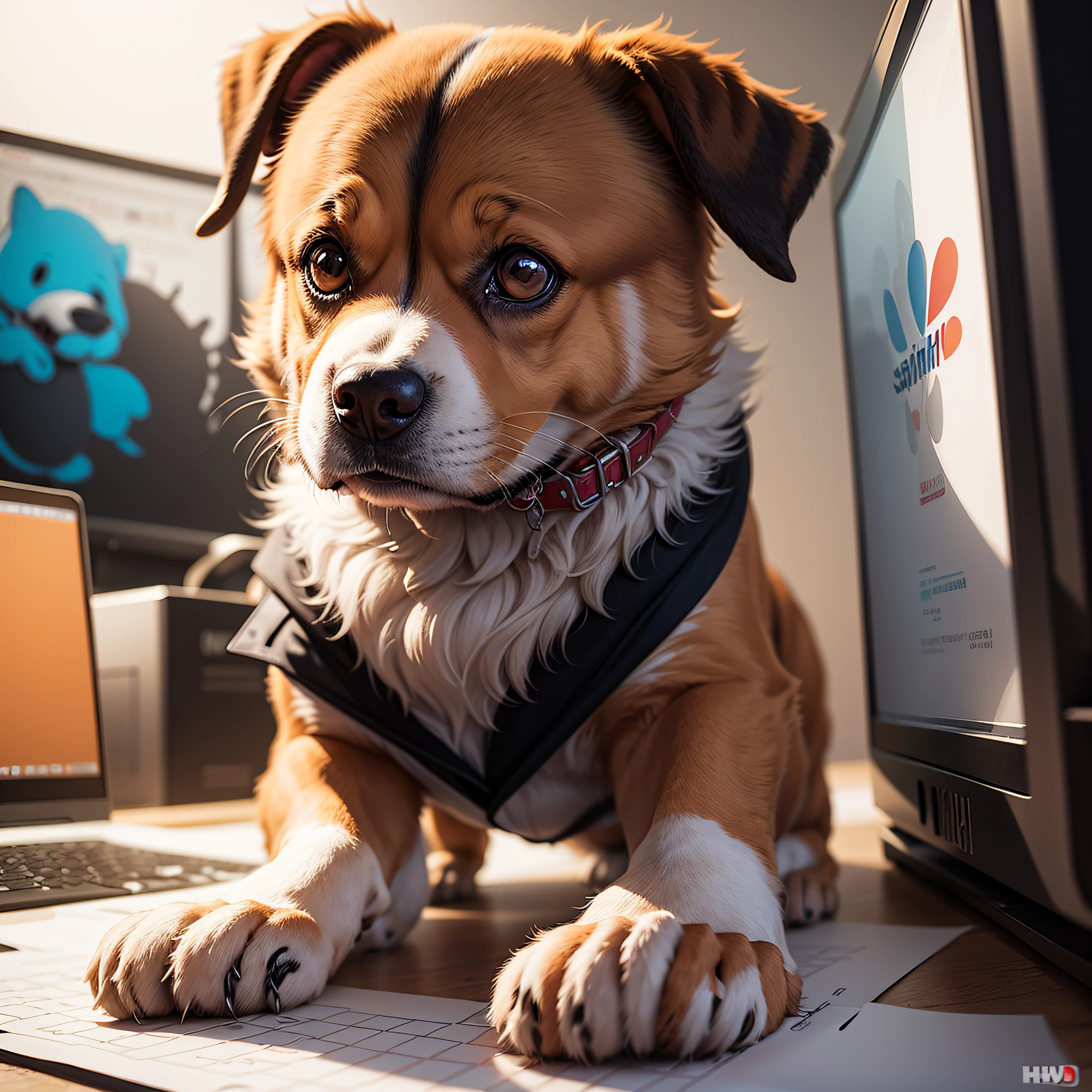 It was time story dog snoopy cartoon,dog snoopy usa terno e gravata,tava working in the office on the computer,estilo HQ,colorful vector style illustration,arte photoshop,full HD,pintura digital,desenho bem detalhe render 3D --auto