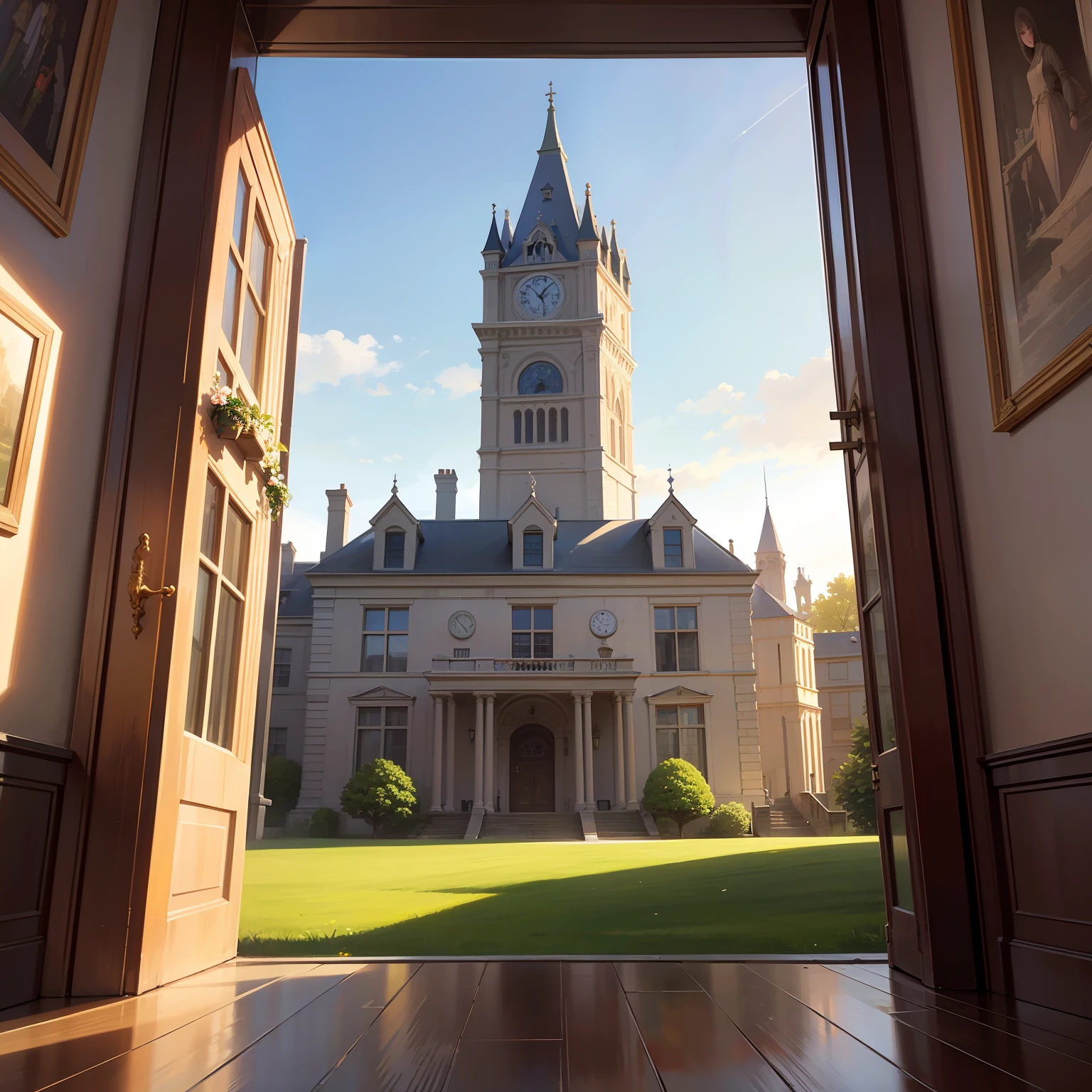 masterpiece, 8k wallpaper, cabinet 1800s huge and beautiful english rural mansion, cream marble, shinny windows, no towers, sunny, spring, realistic, intrincated detailed, howard building by Canaletto