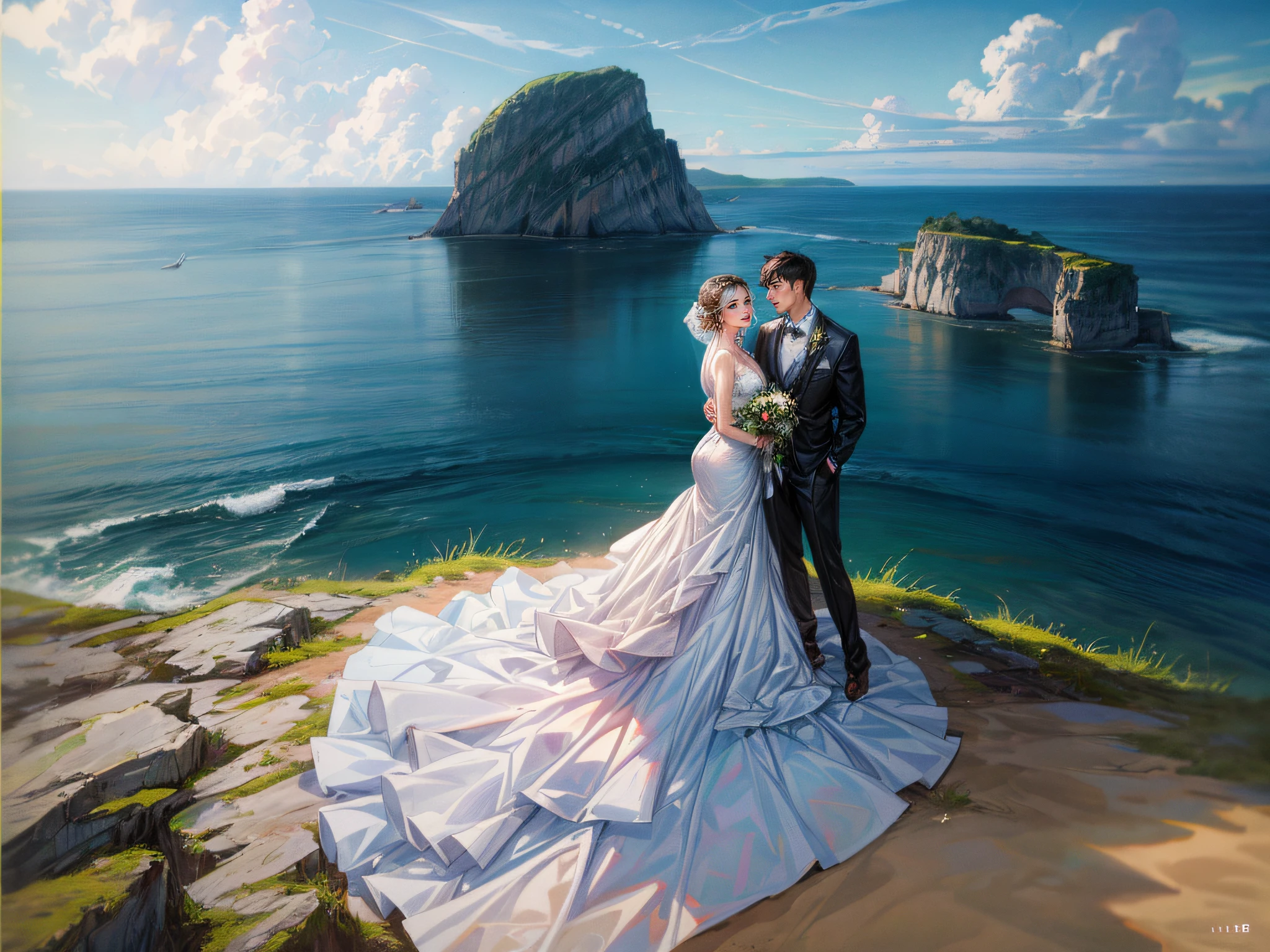 face to face, white hair white suit and pink dress young woman holding hands standing together, a match made in heaven