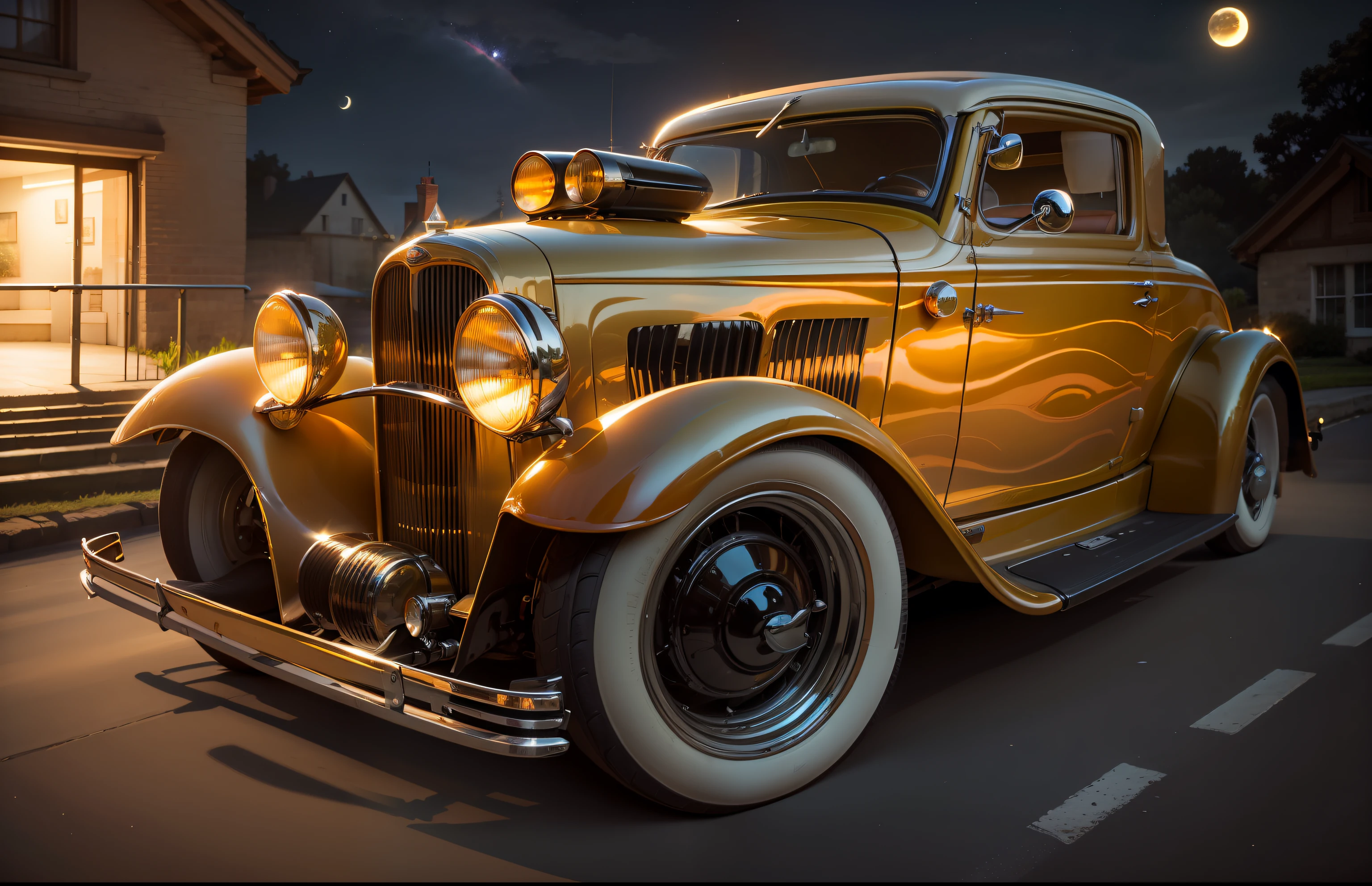 imagens altamente detalhadas, fotorrealista, cinematographic, summer night, summer season, yellow-orange planet Venus in the night sky, bright cream-orange glow of the planet in the night sky, brightness of the yellow-orange planet Venus illuminates the street with Ford 1932 black, the car is standing near a country house, the car is in front of the gates of a country house --auto