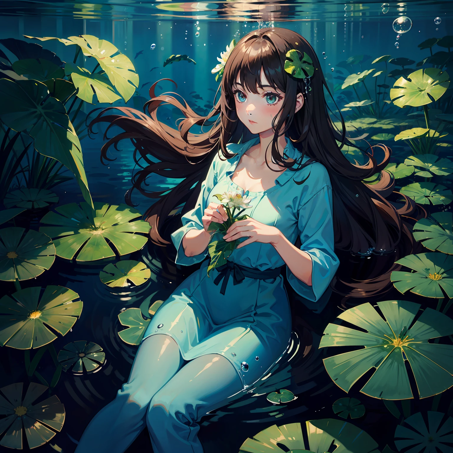 1girl, bubble, leaf, water_drop, air_bubble, solo, brown_hair, underwater, flower, lily_pad, seaweed, fish, long_hair, plant