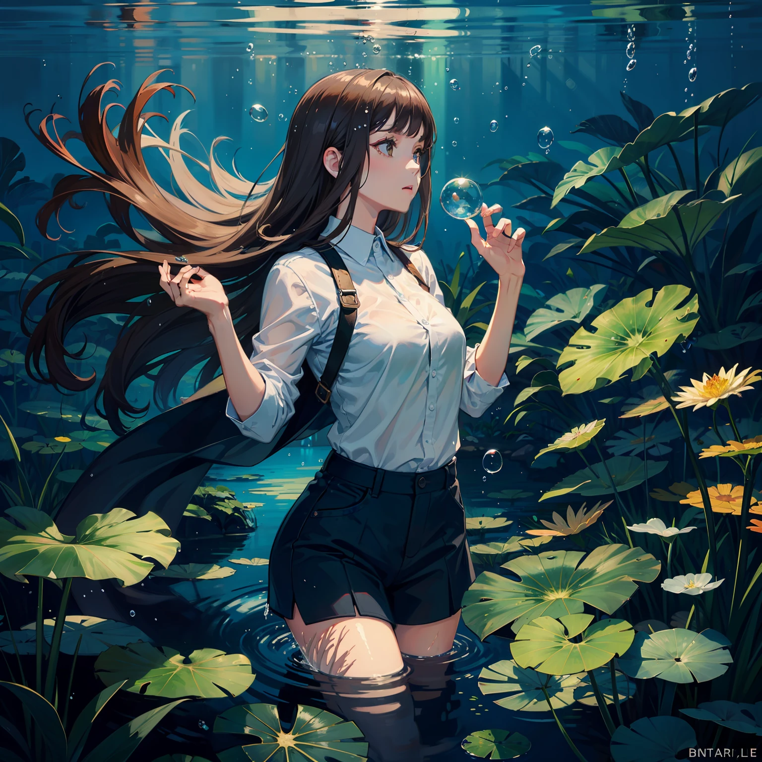 1girl, bubble, leaf, water_drop, air_bubble, solo, brown_hair, underwater, flower, lily_pad, seaweed, fish, long_hair, plant