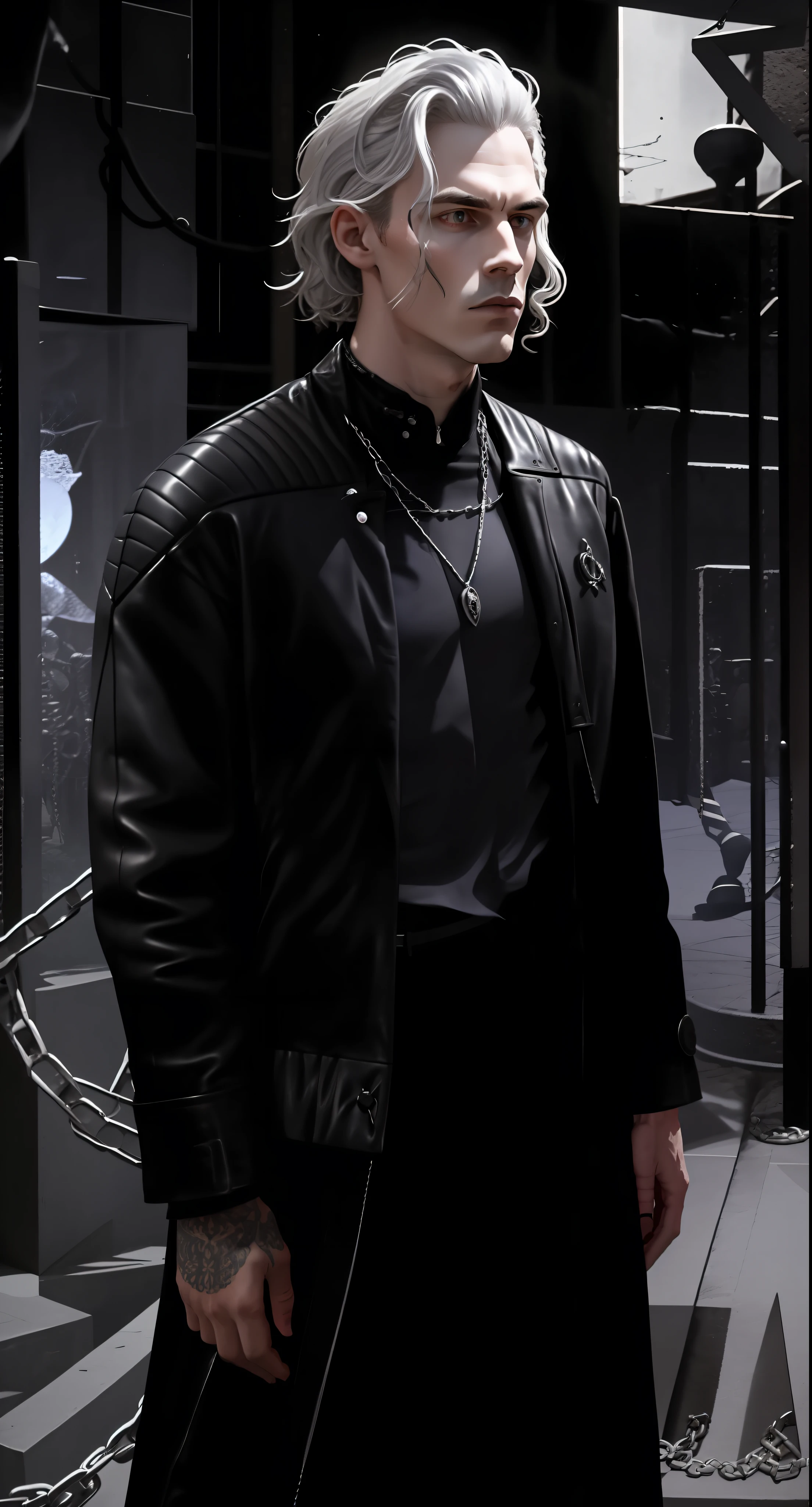 Damien Blackwood is known for his eccentric and gothic style. He wears long black leather coats, adorned with silver trim. Under the coat, he wears tight black clothing, paired with enigmatic accessories such as silver charms and chains.