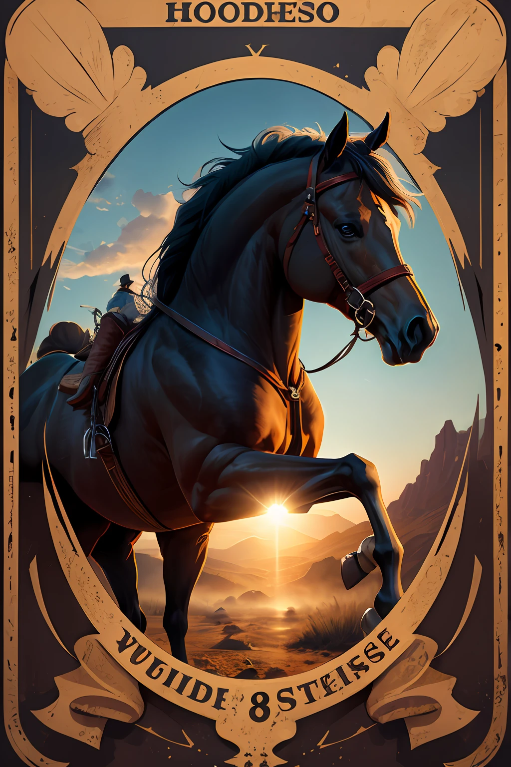 Logo on vector horsehead, silhuetas, vetorial, Wild West Stile, Faroeste, moldura redonda, cinematographic, geometrical forms
